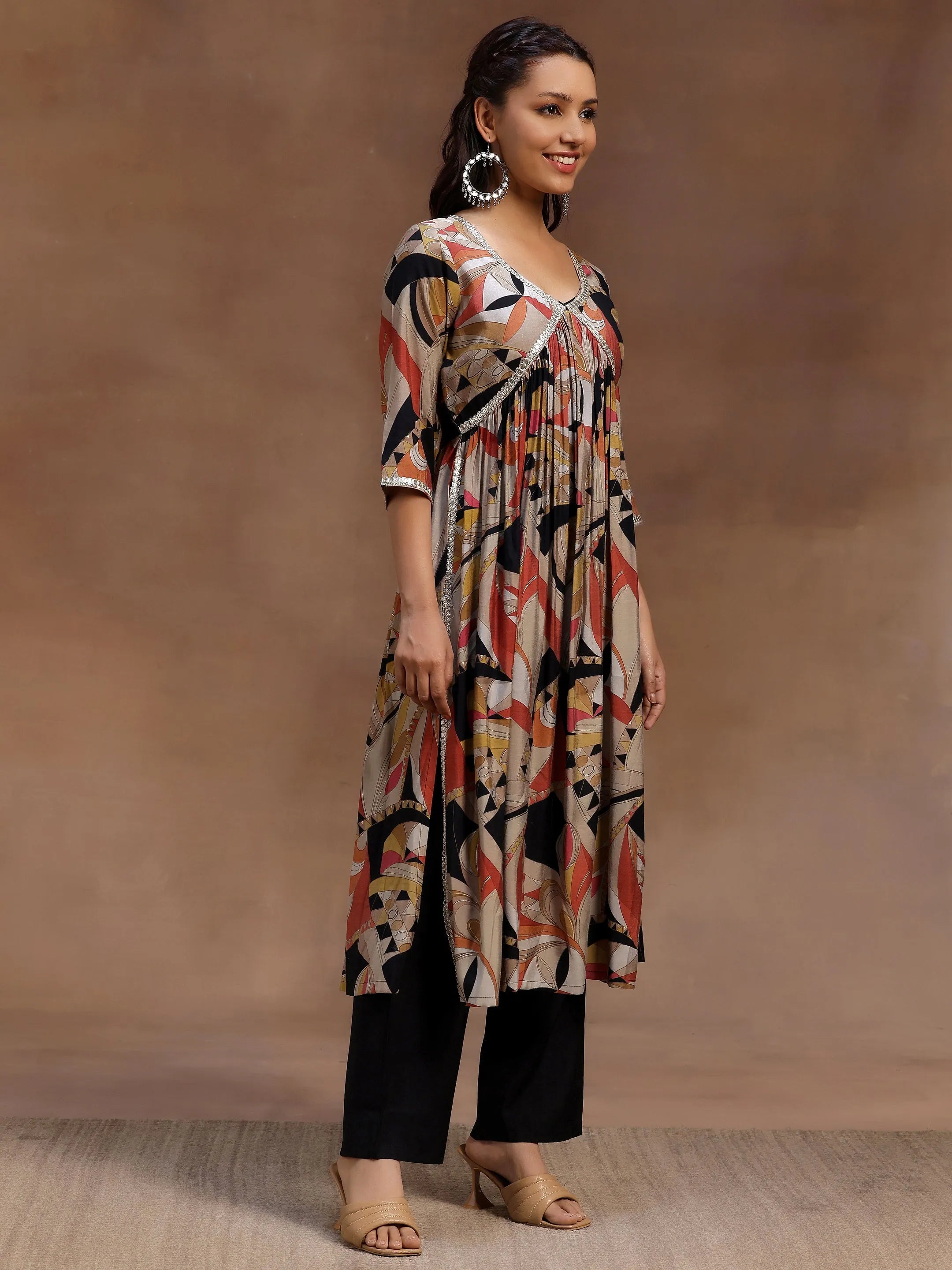 Black Printed Silk Blend A-Line Kurta With Trousers & Dupatta