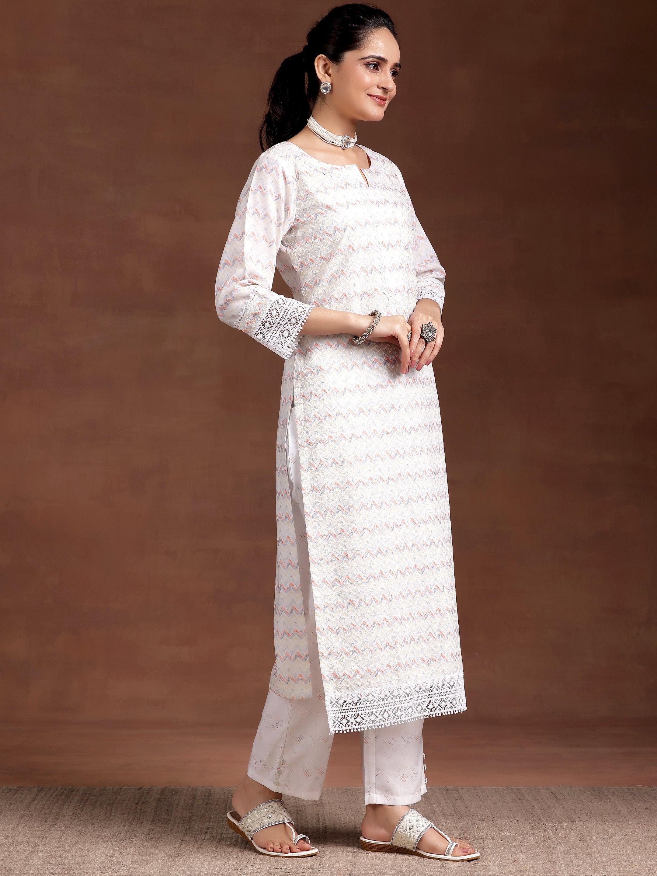 Off White Embroidered Cotton Blend Straight Suit With Dupatta