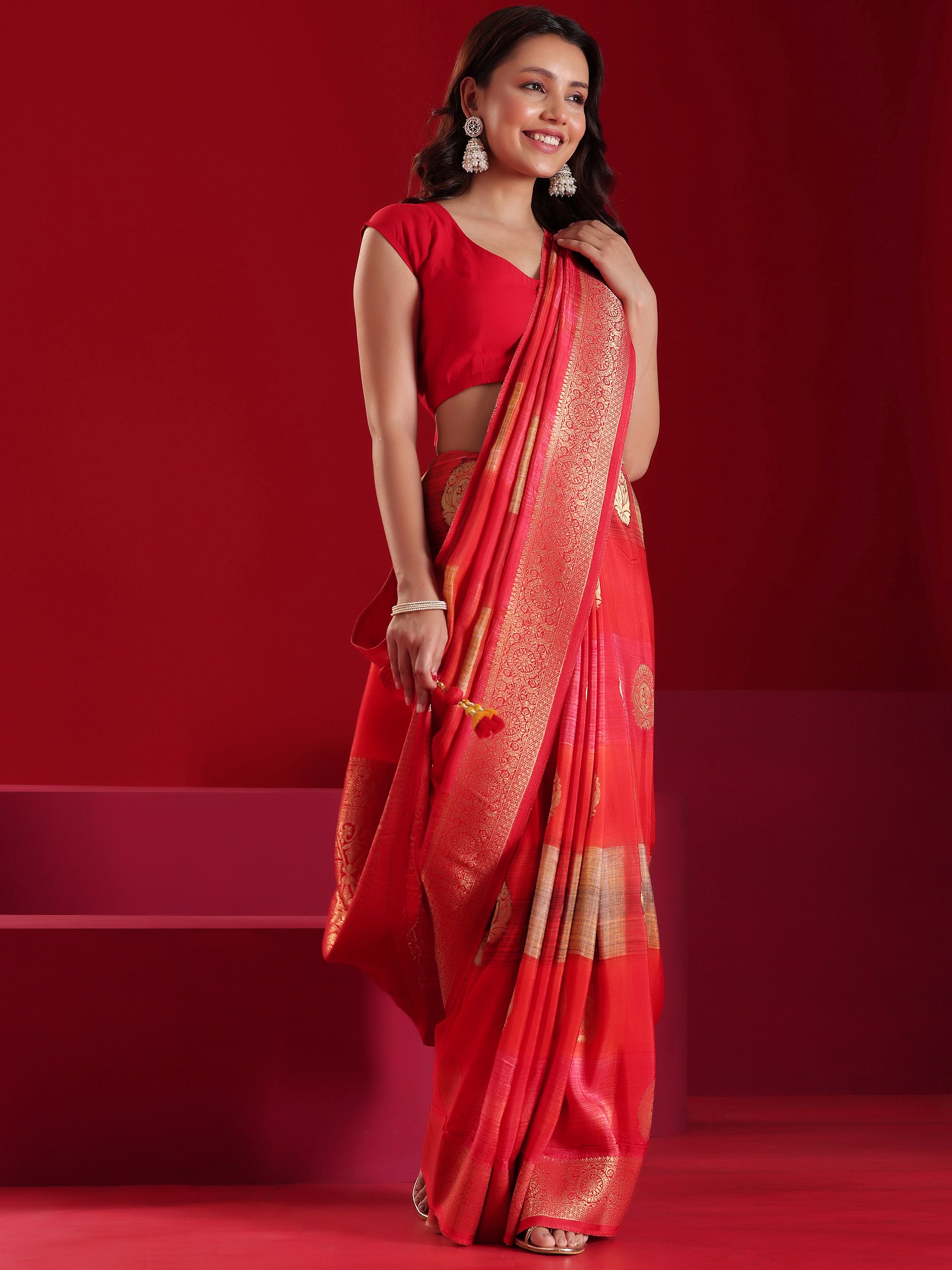 Libas Art Red Orange Woven Design Satin Saree With Unstitched  Blouse Piece