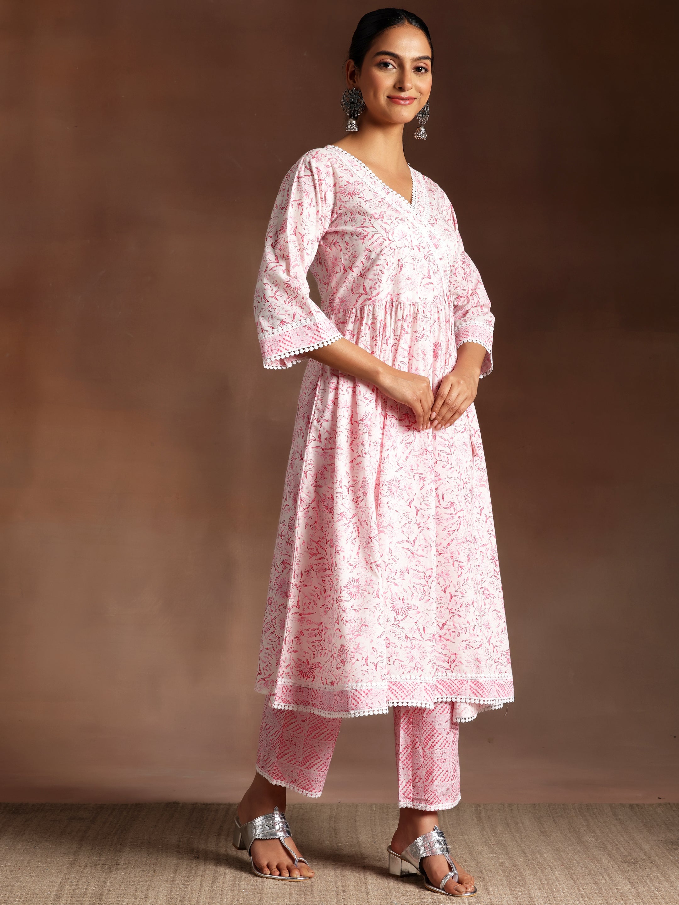 Tabassum  Pink Printed Cotton A-Line Kurta With Palazzos & Dupatta