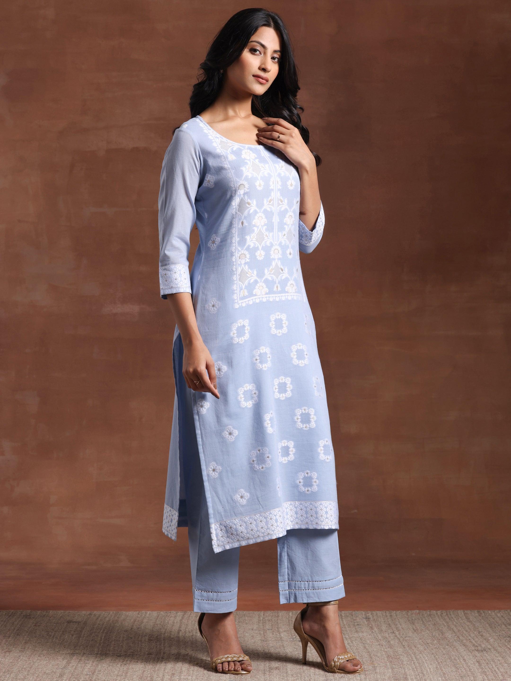 Blue Woven Design Cotton Straight Suit With Dupatta