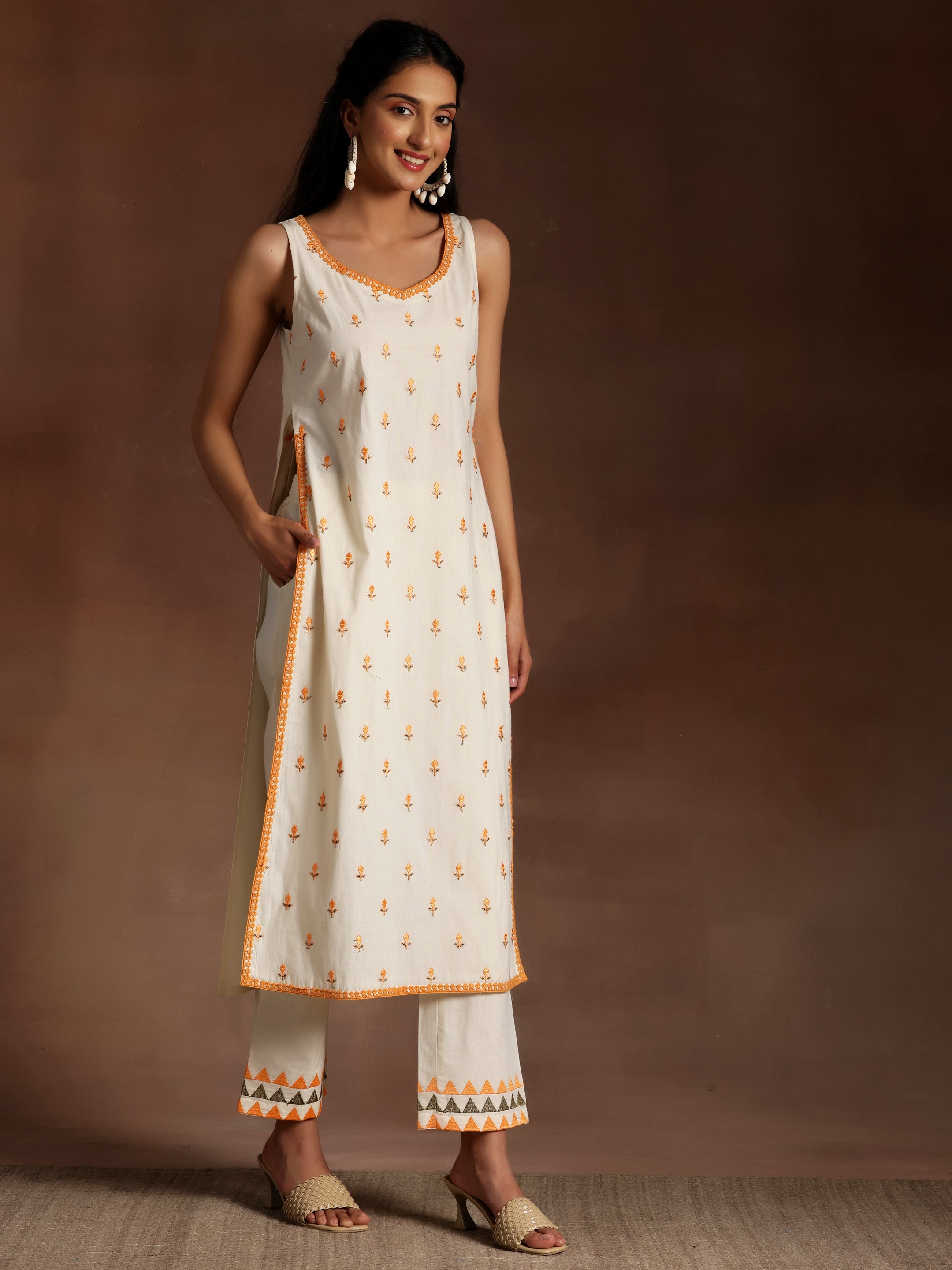 Off White Embroidered Cotton Straight Suit With Dupatta