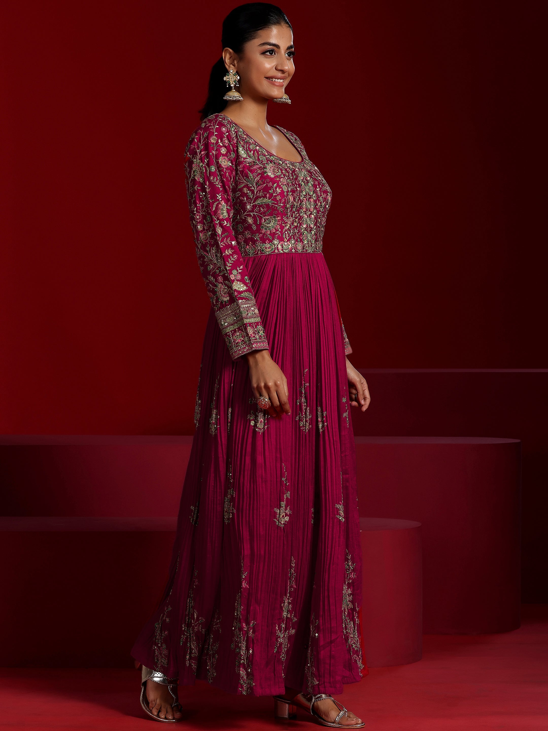 Libas Art Pink Embroidered Silk Blend A-Line Kurta With Trousers & Dupatta