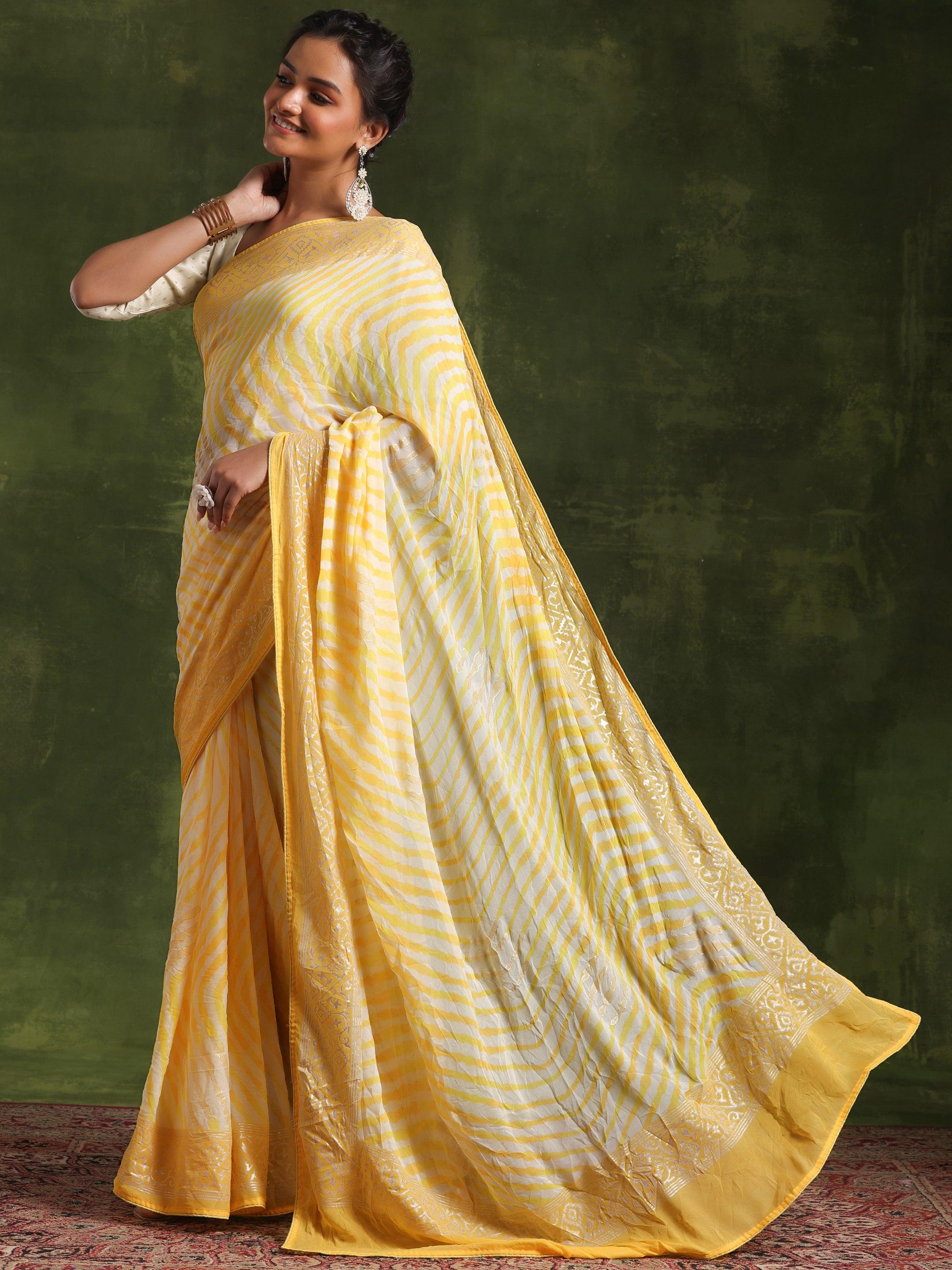 Yellow Printed Poly Georgette Saree With Unstitched Blouse Piece