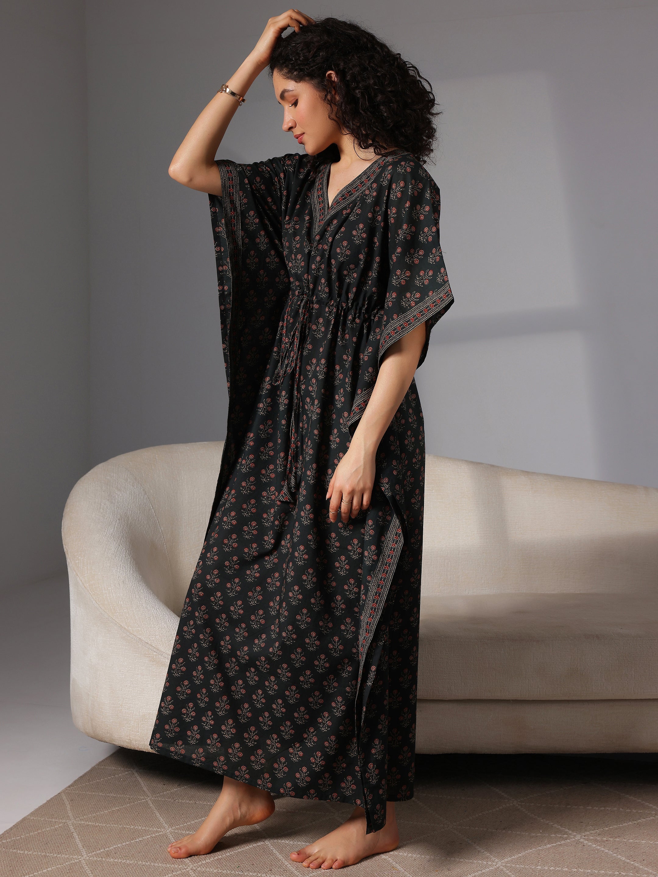 Dark Green Printed Cotton Kaftan Night Dress