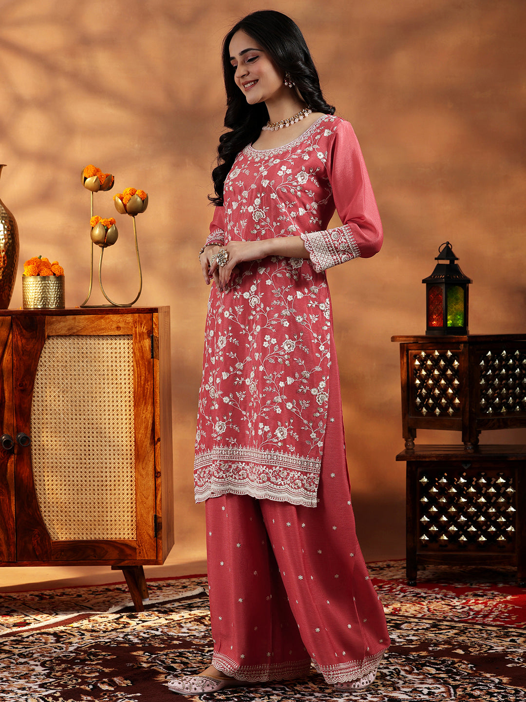 Coral Embroidered Silk Blend Straight Suit With Dupatta