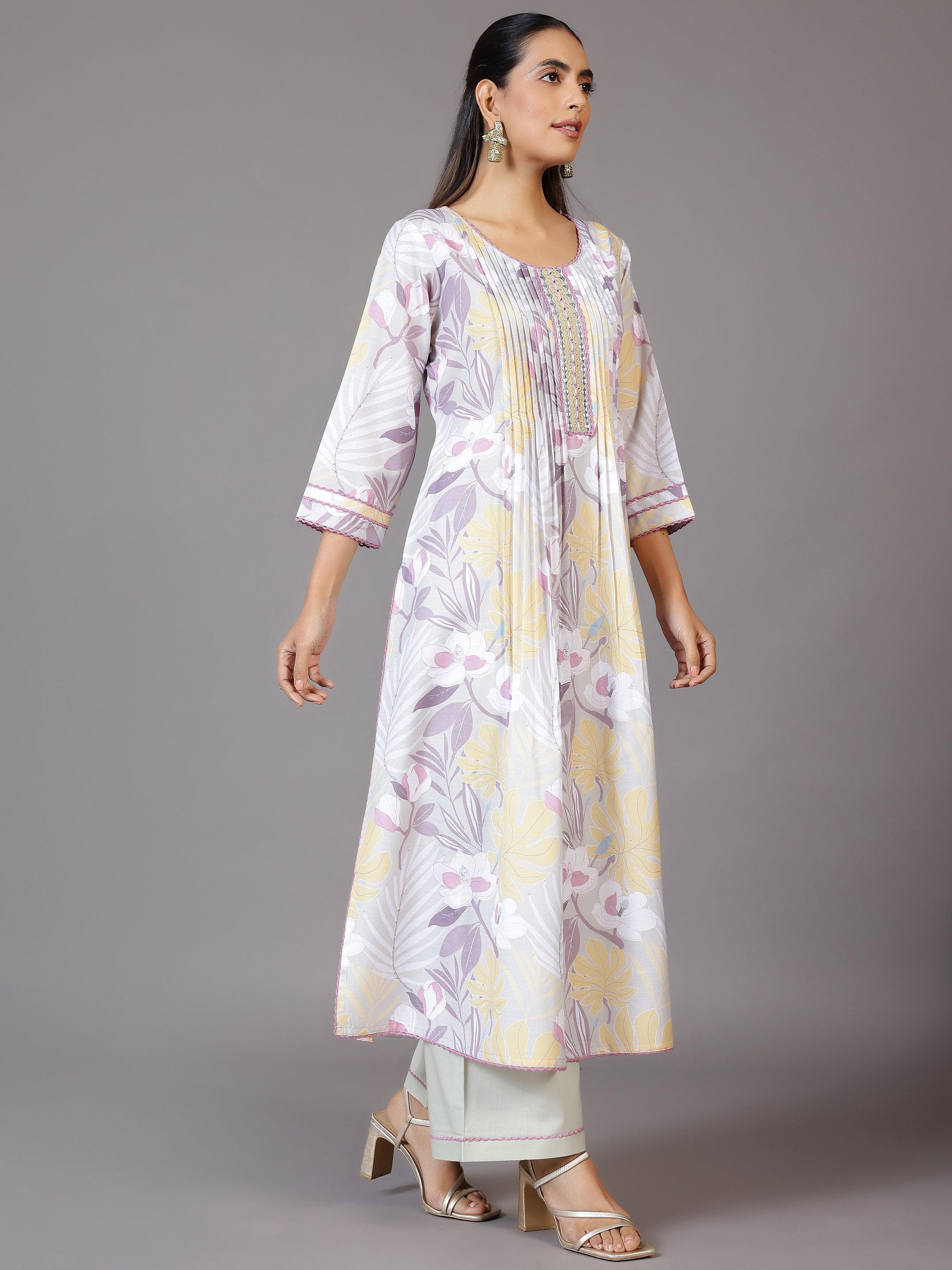 Grey Printed Cotton Blend A-Line Kurta With Palazzos & Dupatta