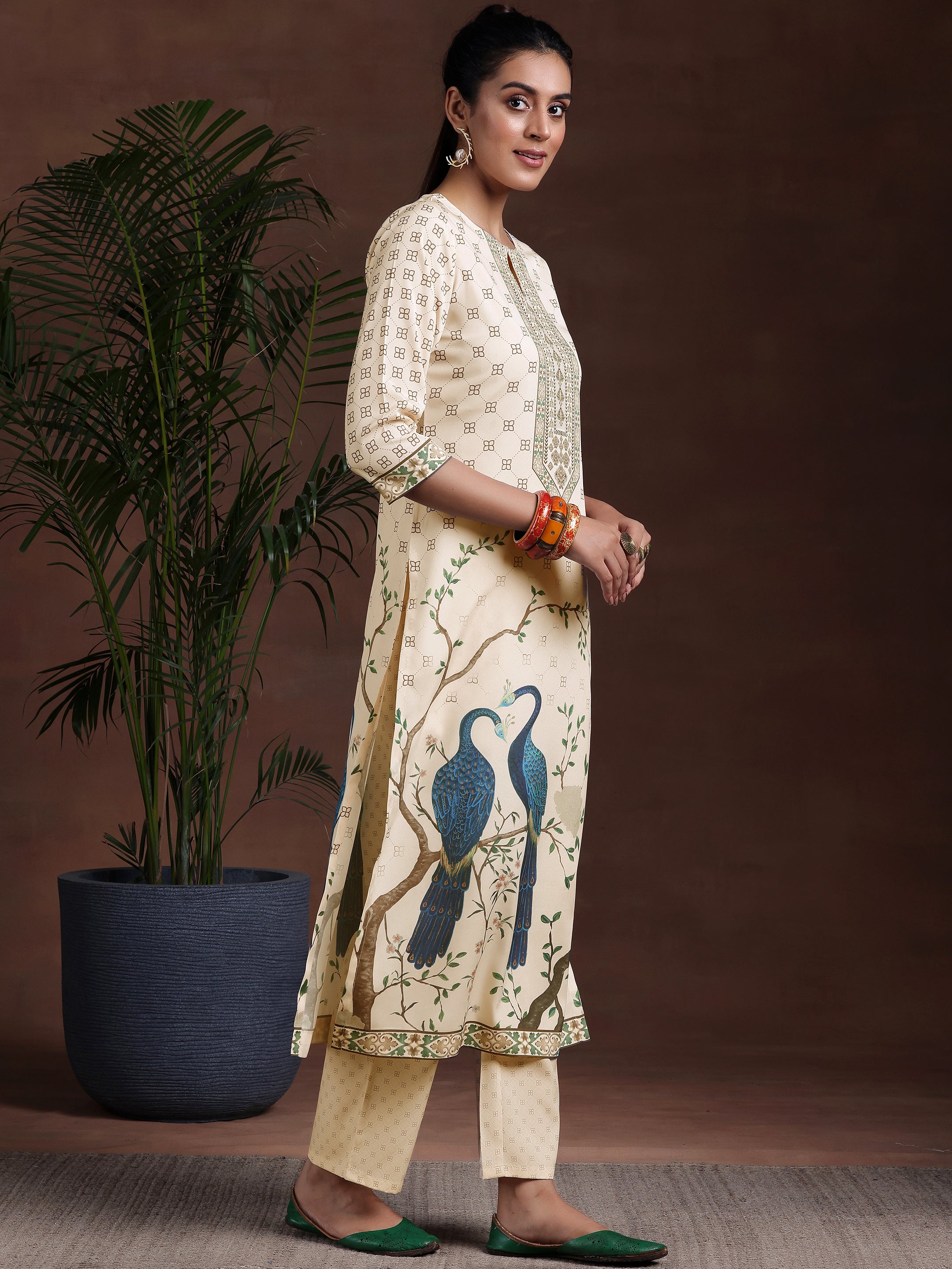 Off White Printed Poly Crepe Straight Suit With Dupatta