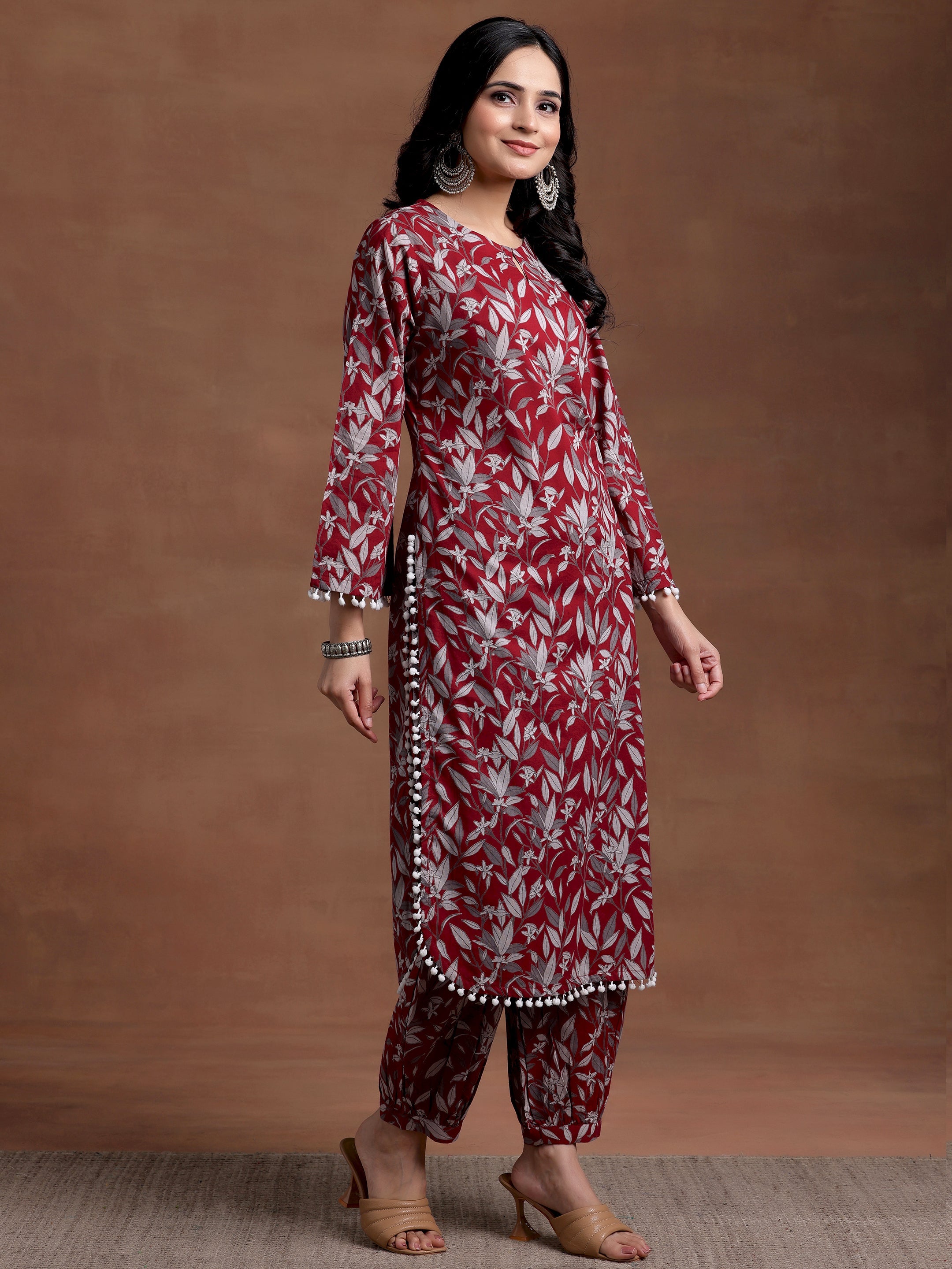 Rust Printed Cotton Pathani Kurta Set