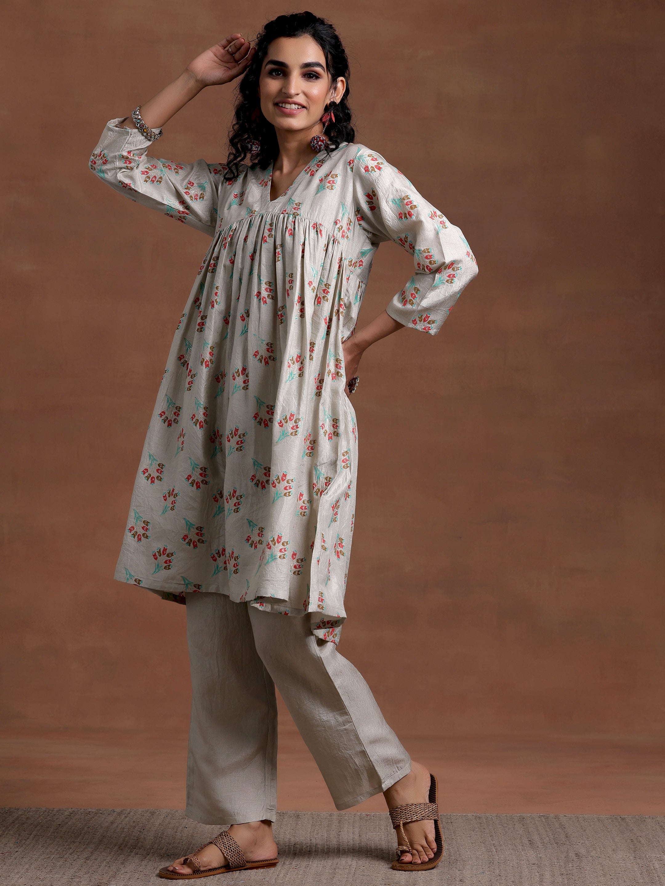 Grey Printed Silk Blend A-Line Kurta With Trousers