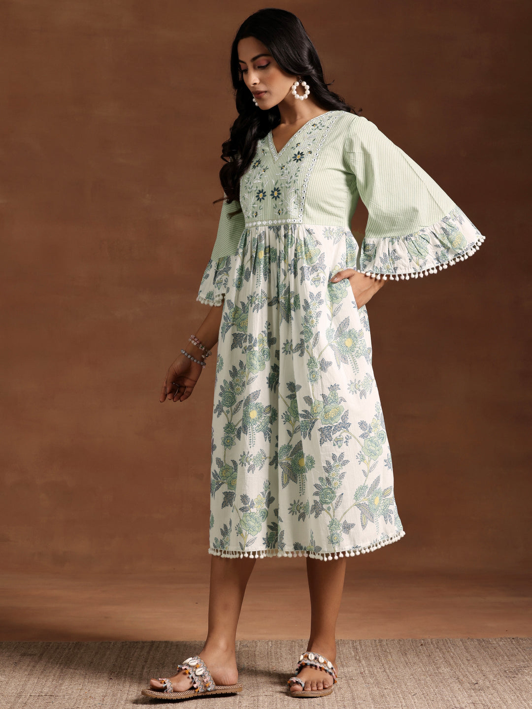 Green Printed Cotton A-Line Dress