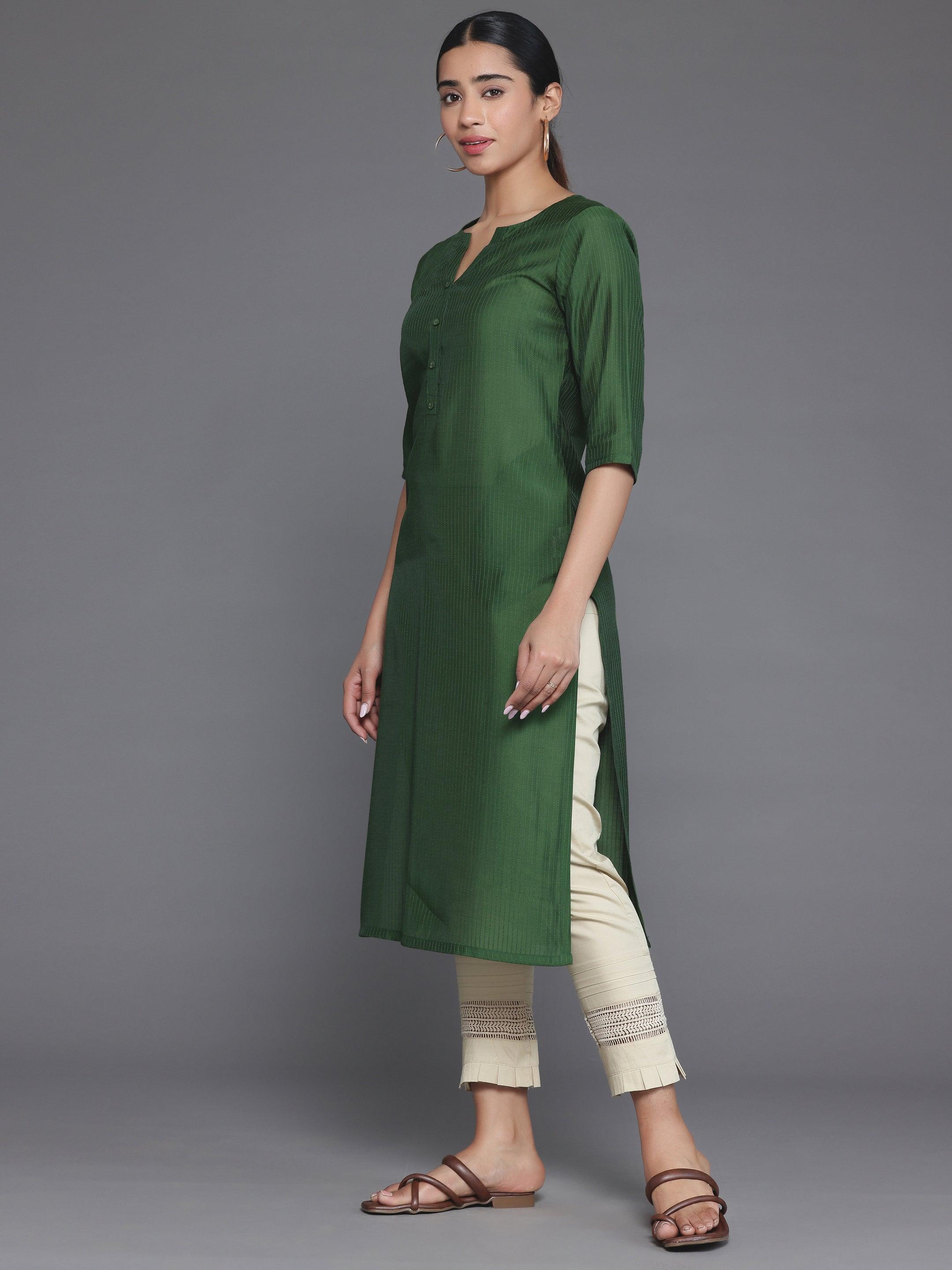 Green Woven Design Silk Straight Kurta