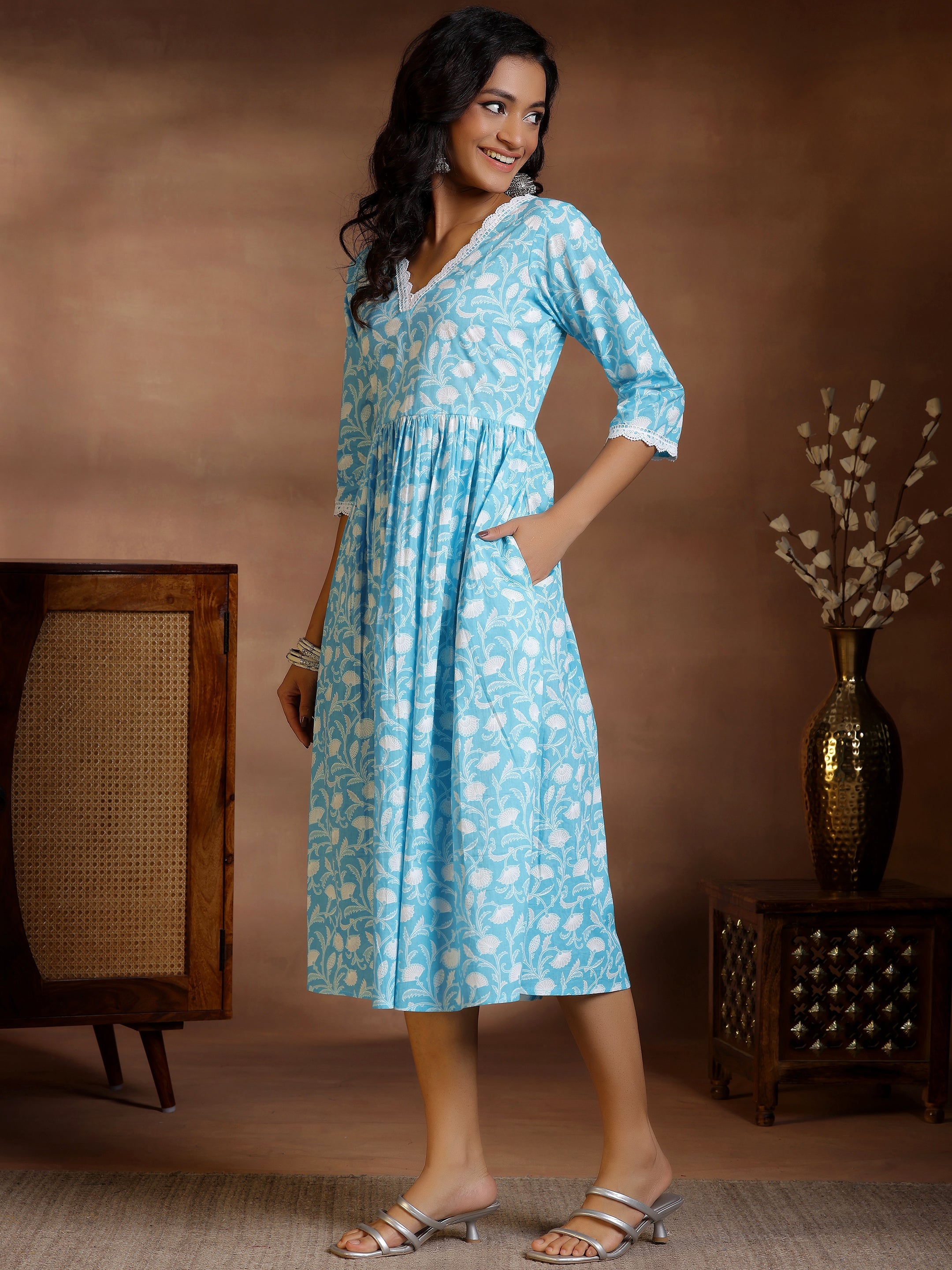 Blue Printed Cotton Fit and Flare Dress