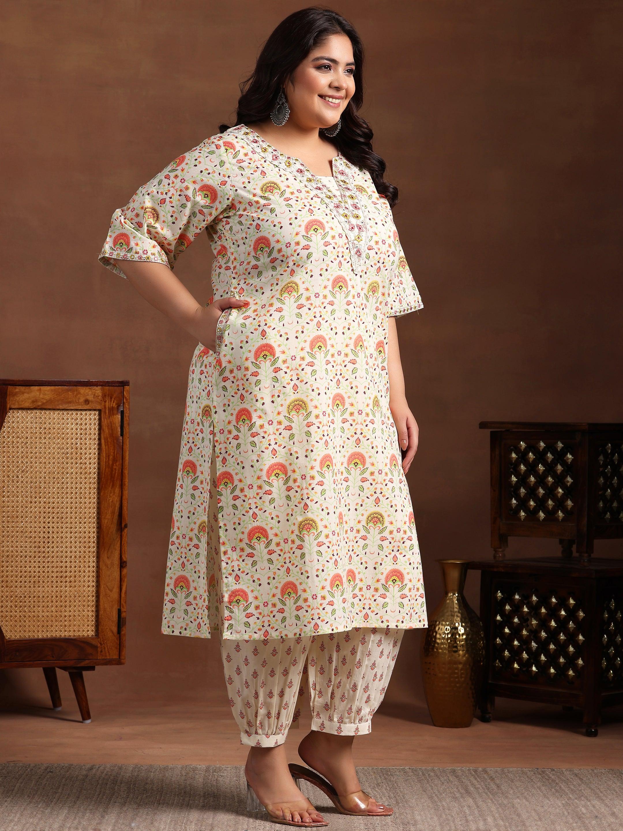 Plus Size Off White Printed Cotton Straight Kurta Set