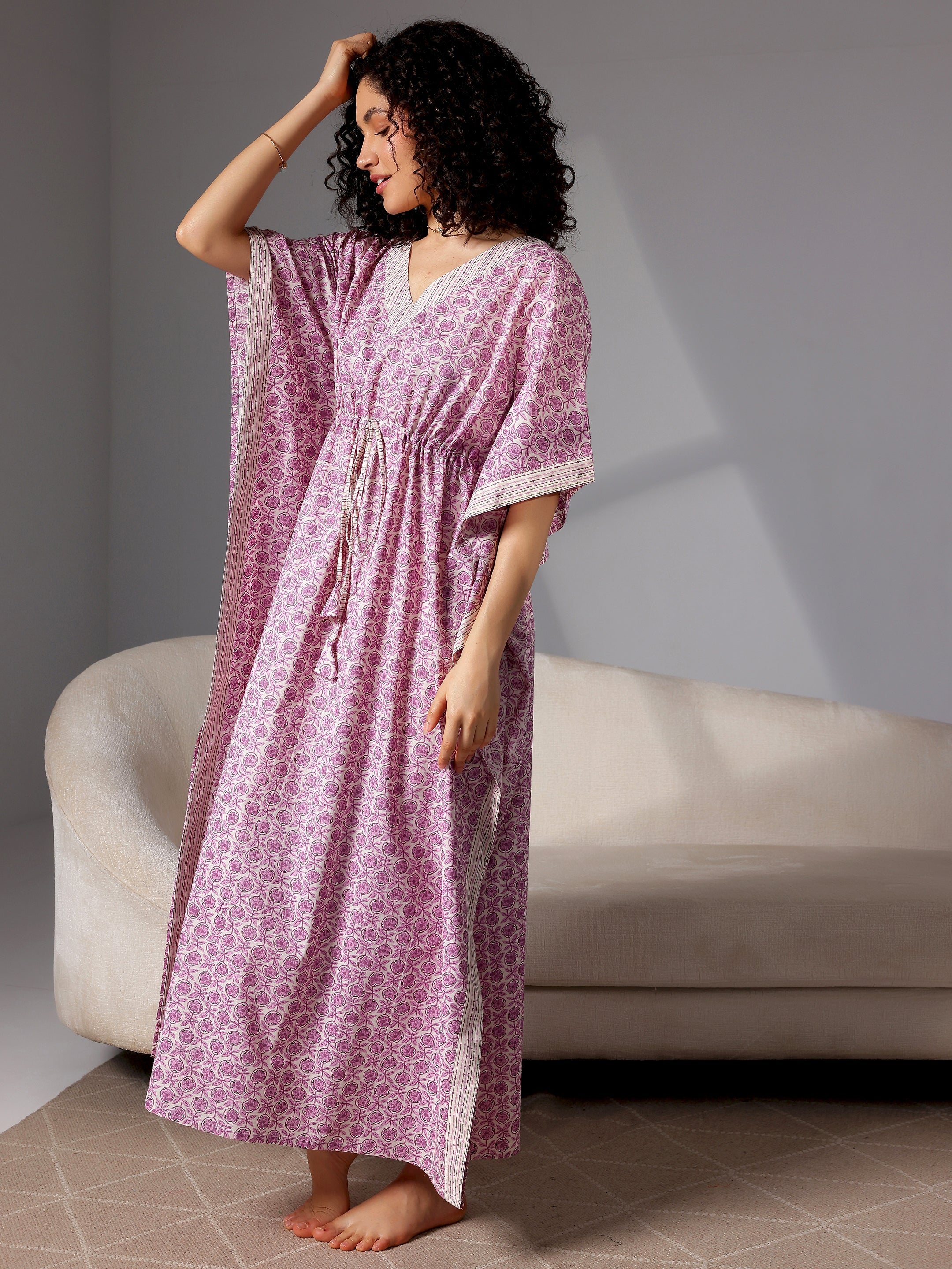 Purple Printed Cotton Kaftan Night Dress