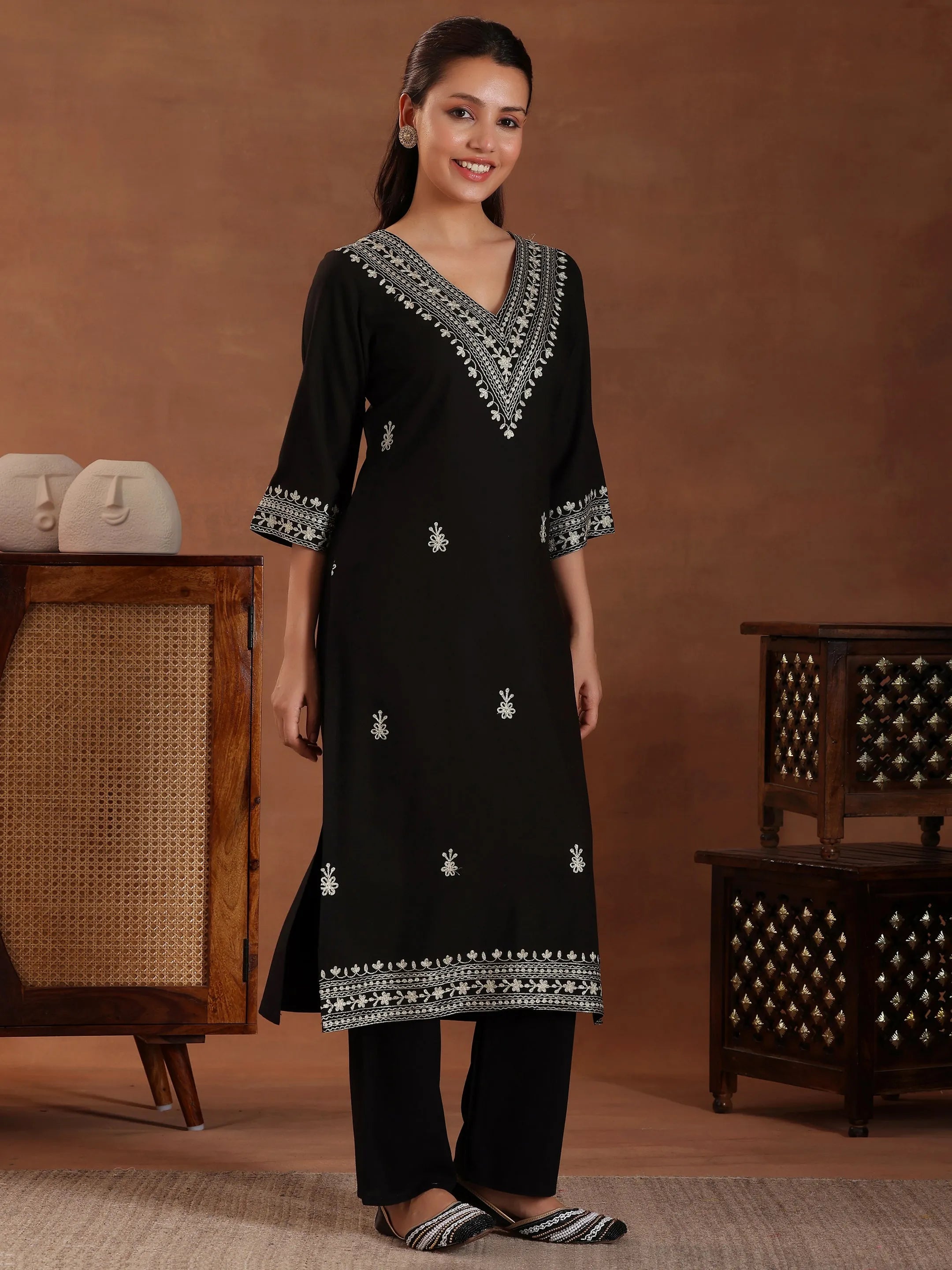 Black Embroidered Rayon Straight Suit With Dupatta