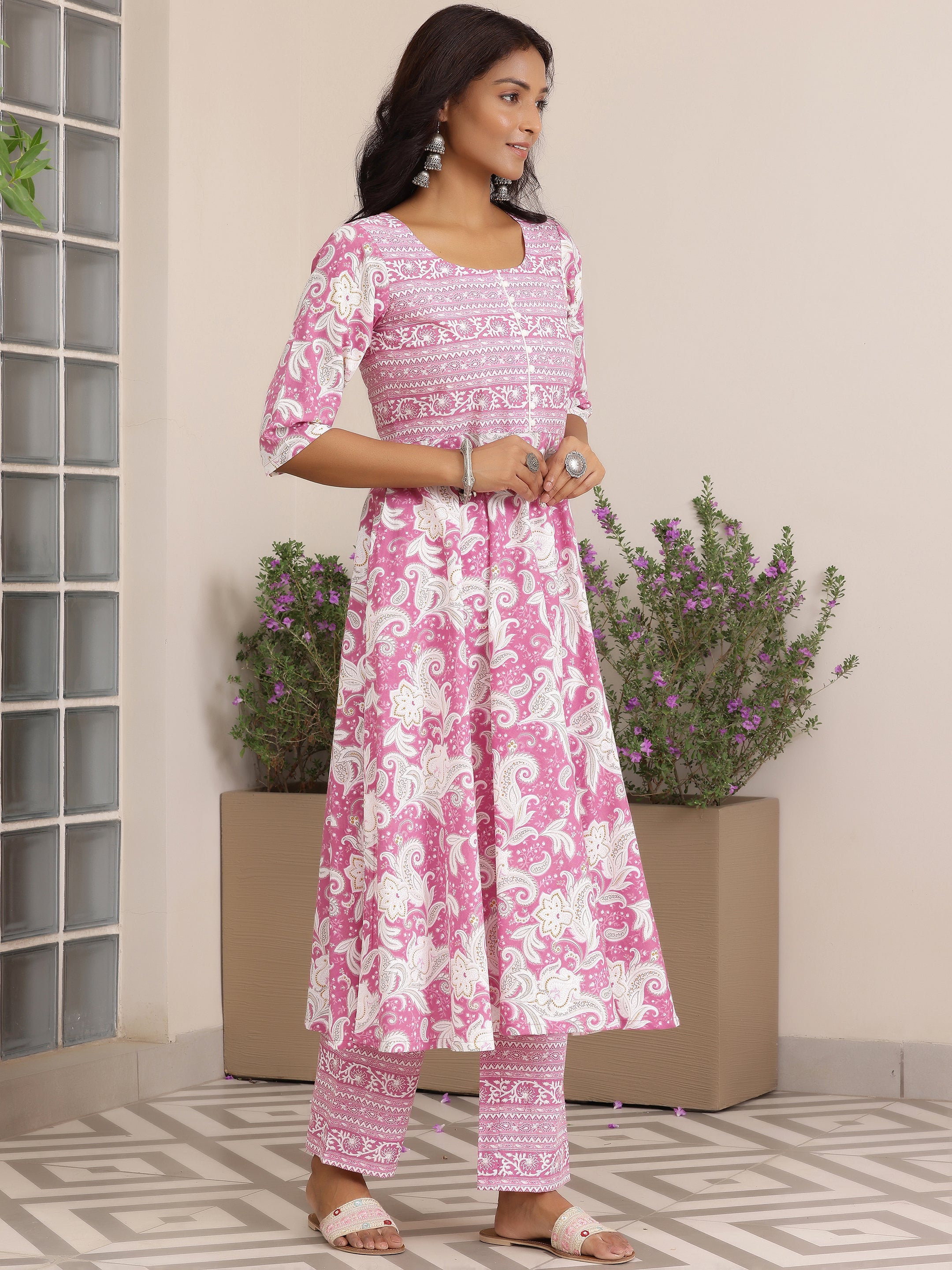 Pink Printed Cotton Anarkali Suit With Dupatta