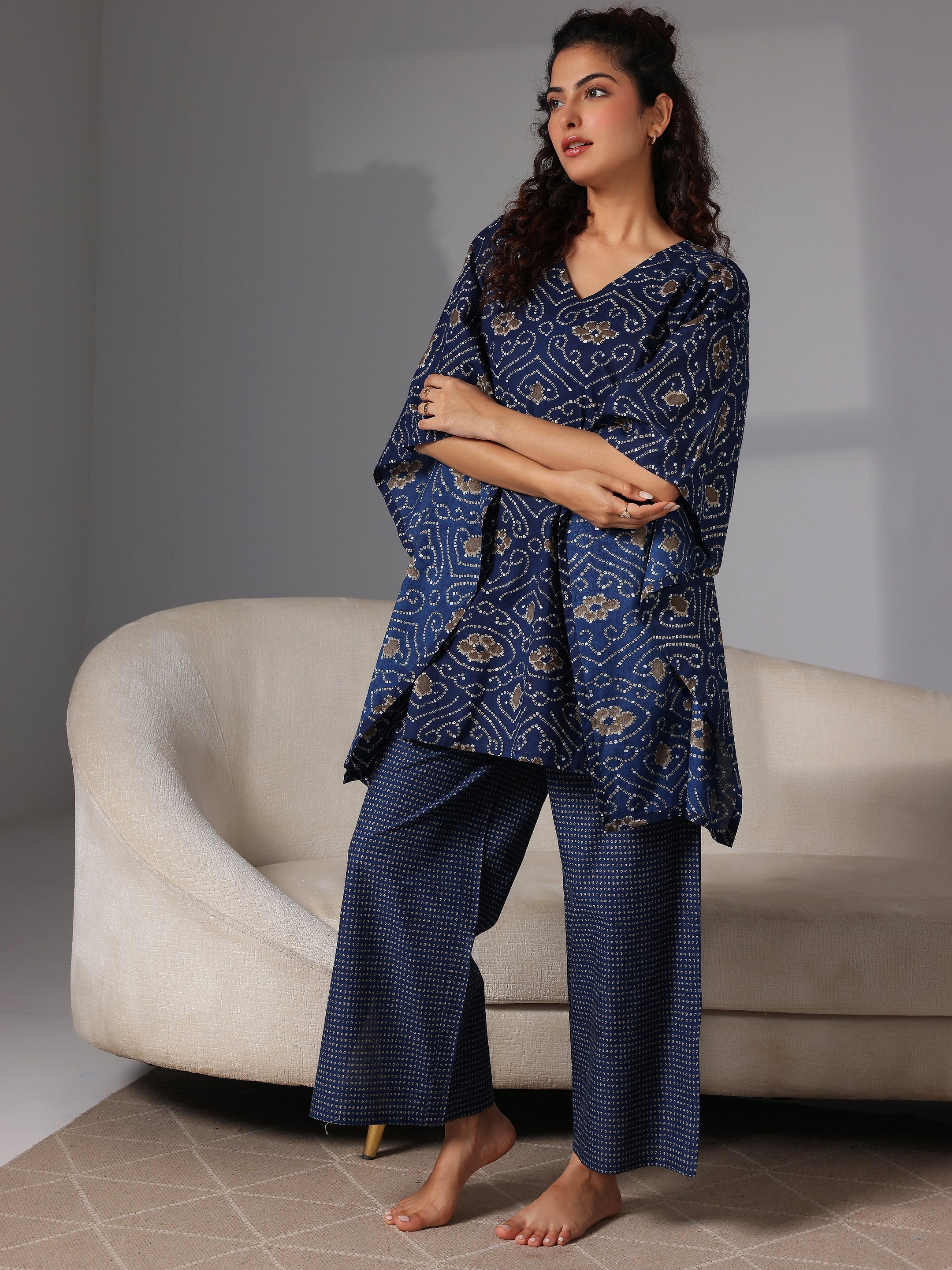 Blue Printed Cotton Night Suits