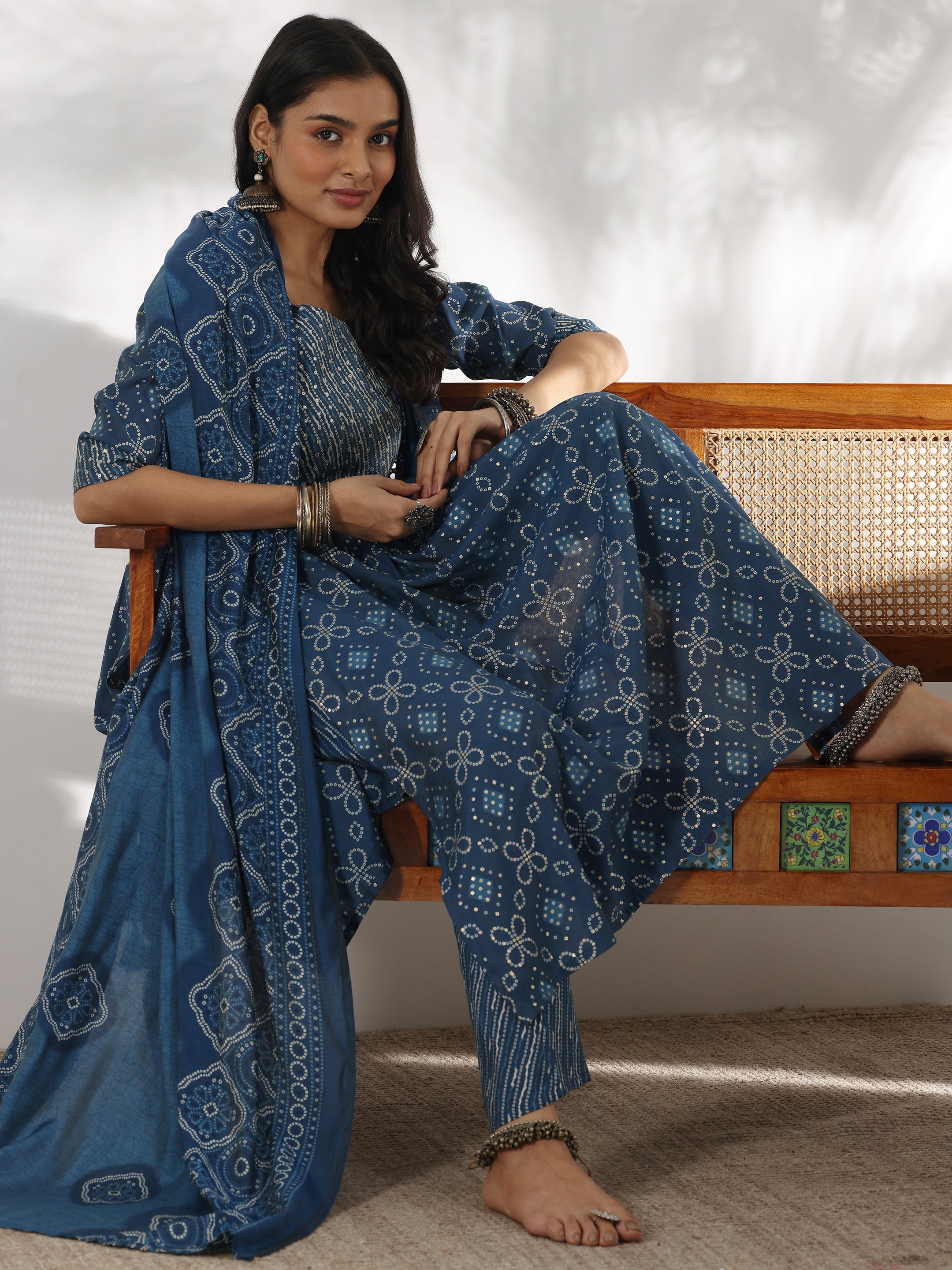 Blue Printed Silk Blend A-Line Kurta With Trousers & Dupatta