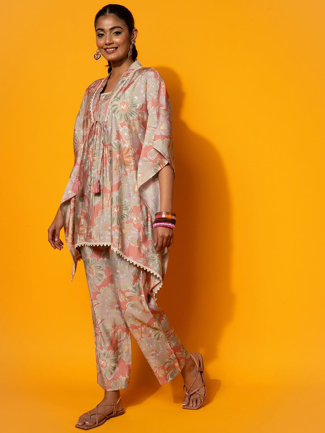 Peach Printed Silk Blend Co-Ords