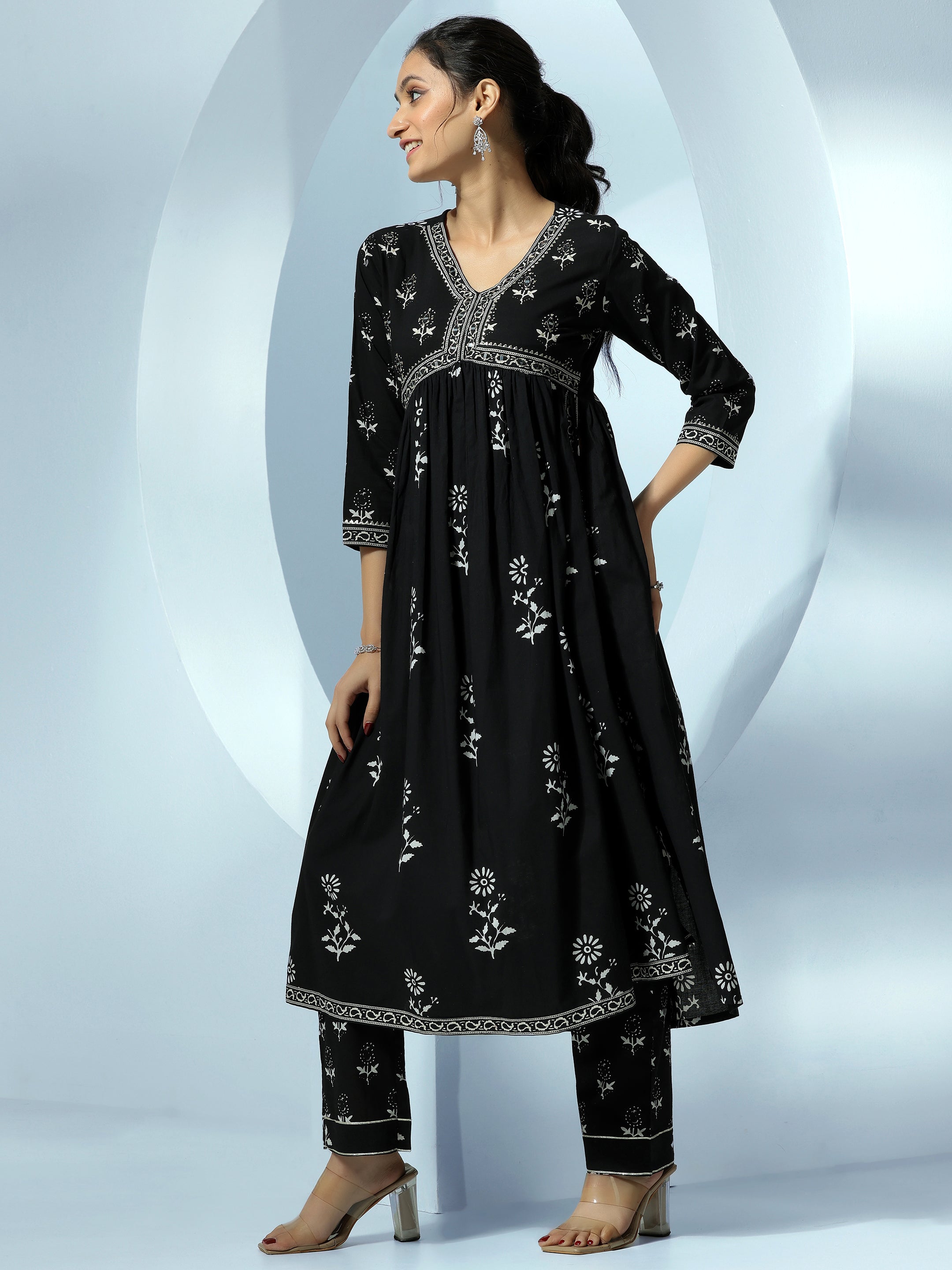 Black Printed Cotton A-Line Kurta With Salwar