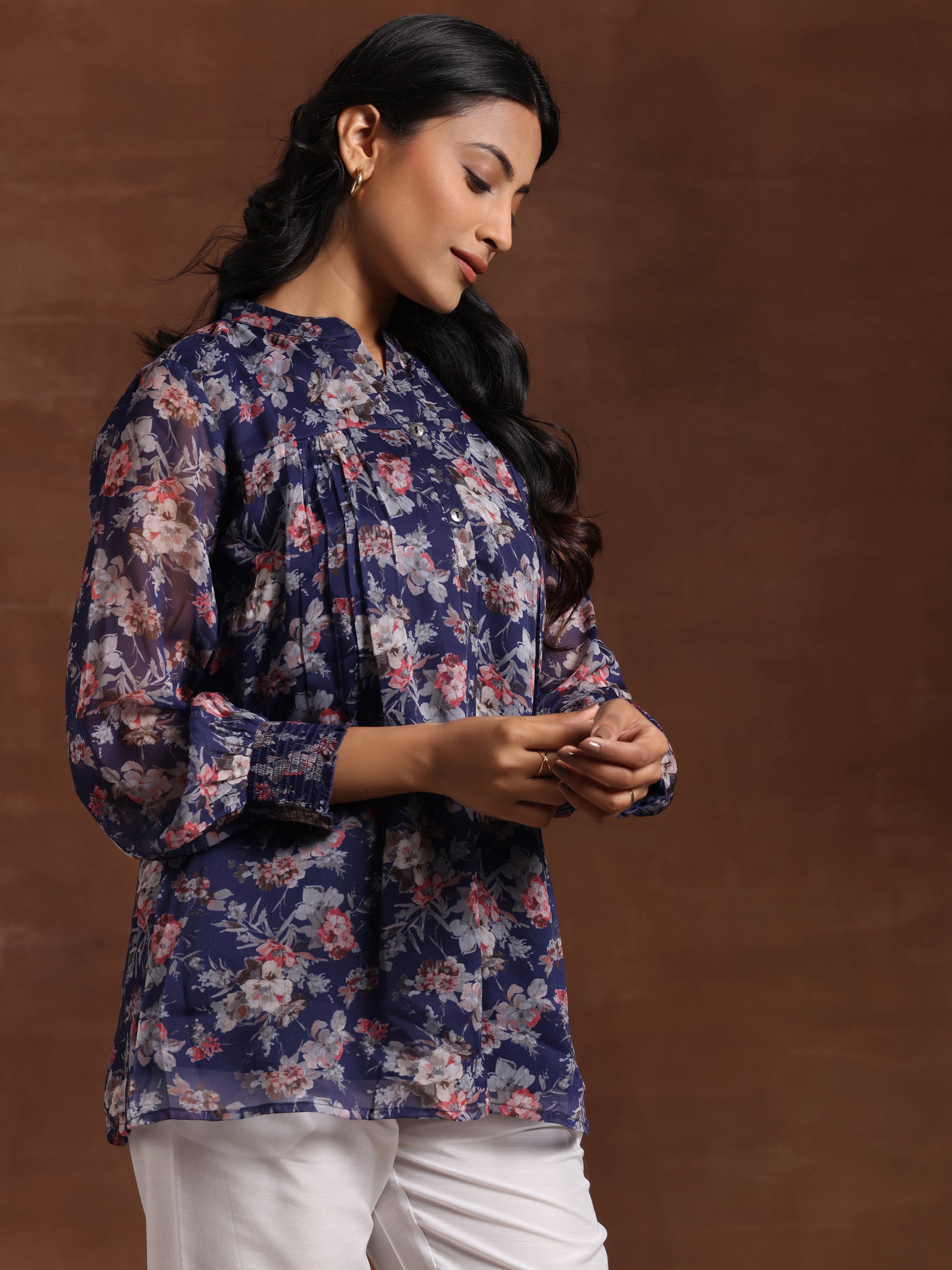 Blue Printed Poly Chiffon A-Line Kurti