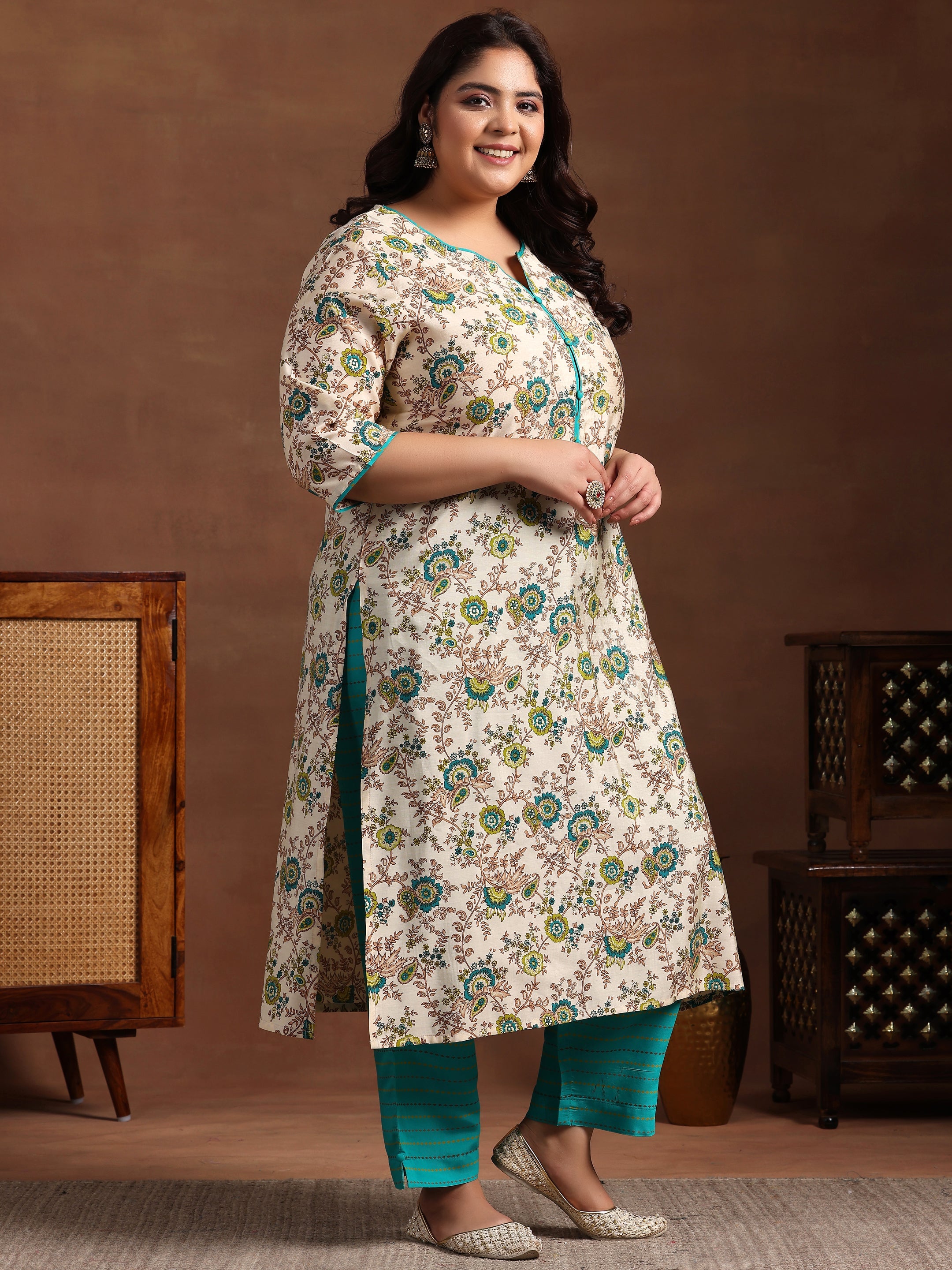 Plus Size Blue Printed Silk Blend Straight Suit With Dupatta