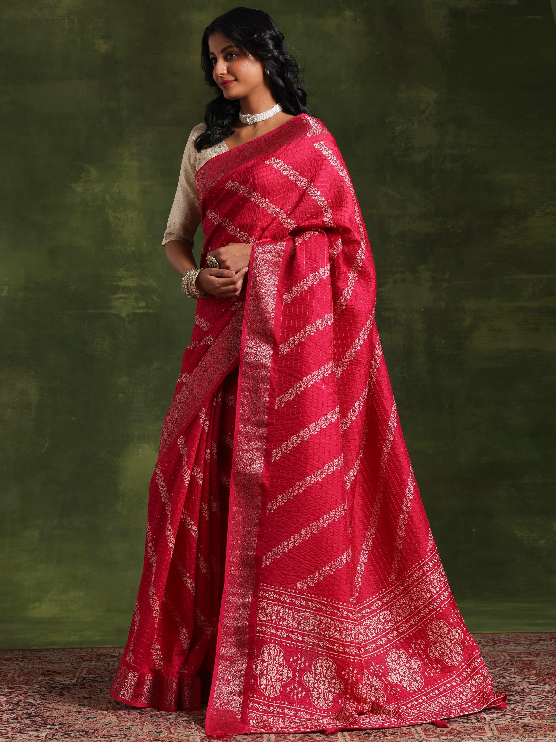 Pink Printed Silk Blend Saree With Unstitched Blouse Piece