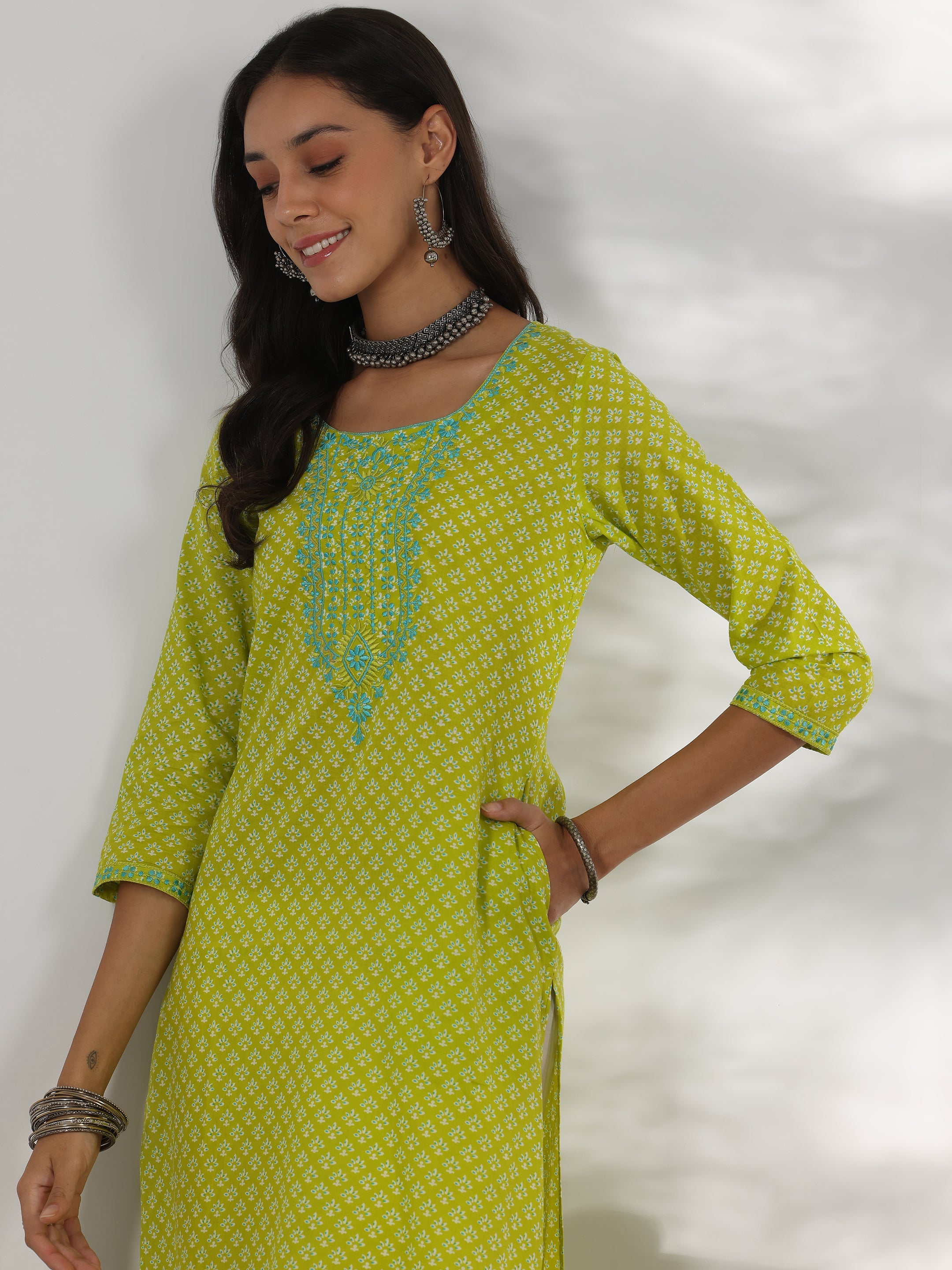 Green Printed Cotton Straight Kurta