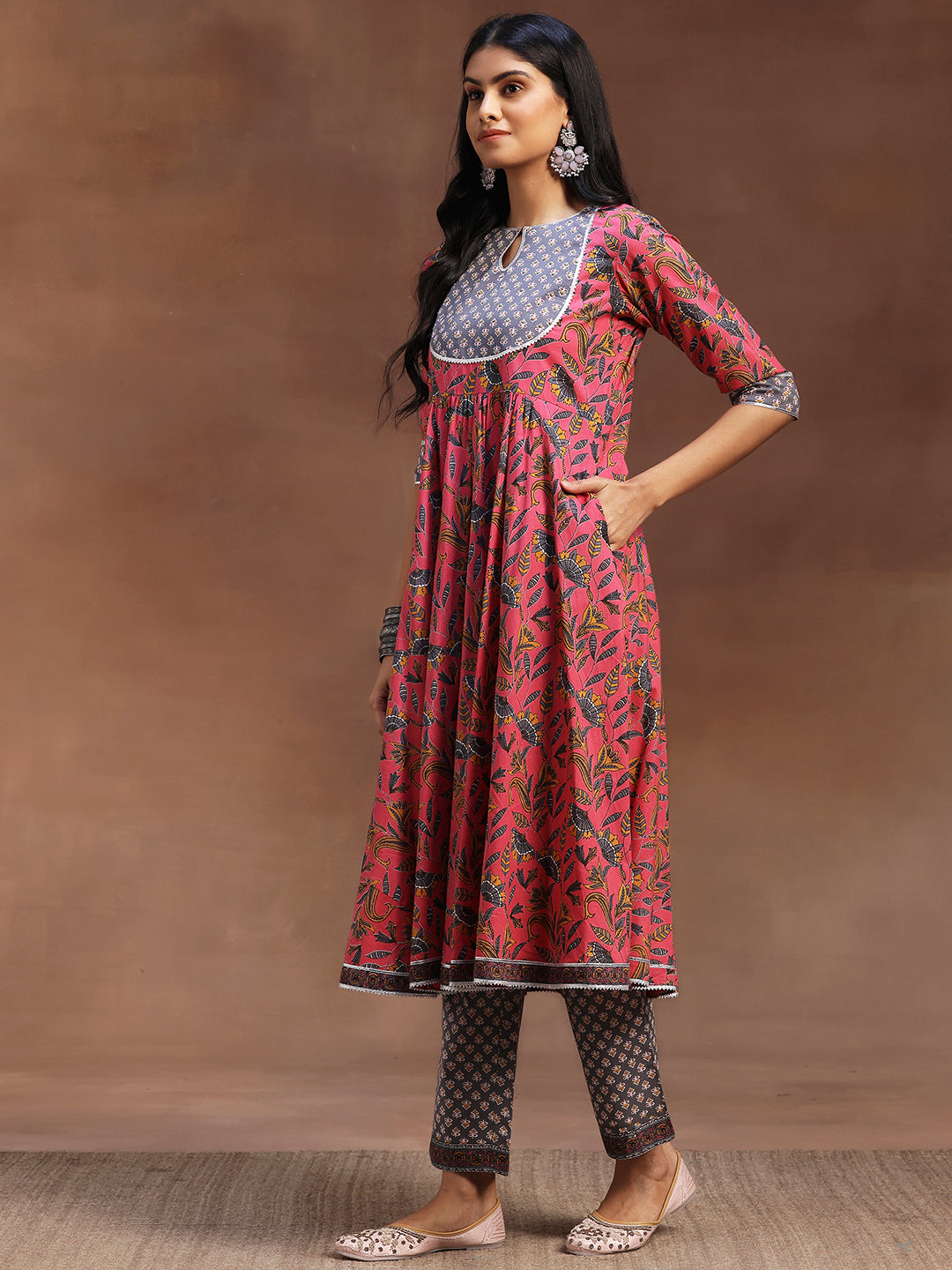 Pink Printed Cotton Anarkali Suit With Dupatta