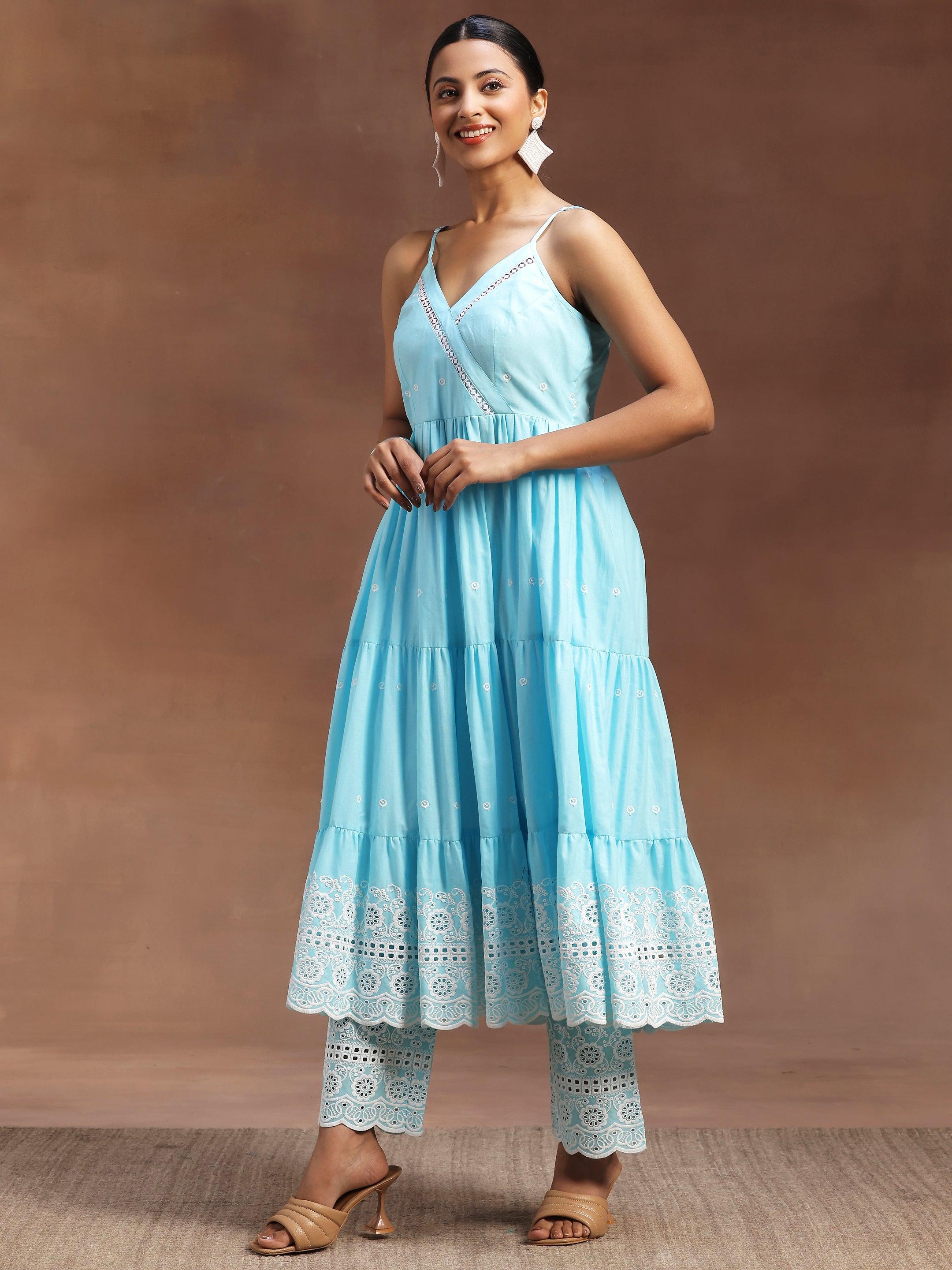 The Kiara Cut Blue Self Design Cotton Anarkali Kurta With Trousers