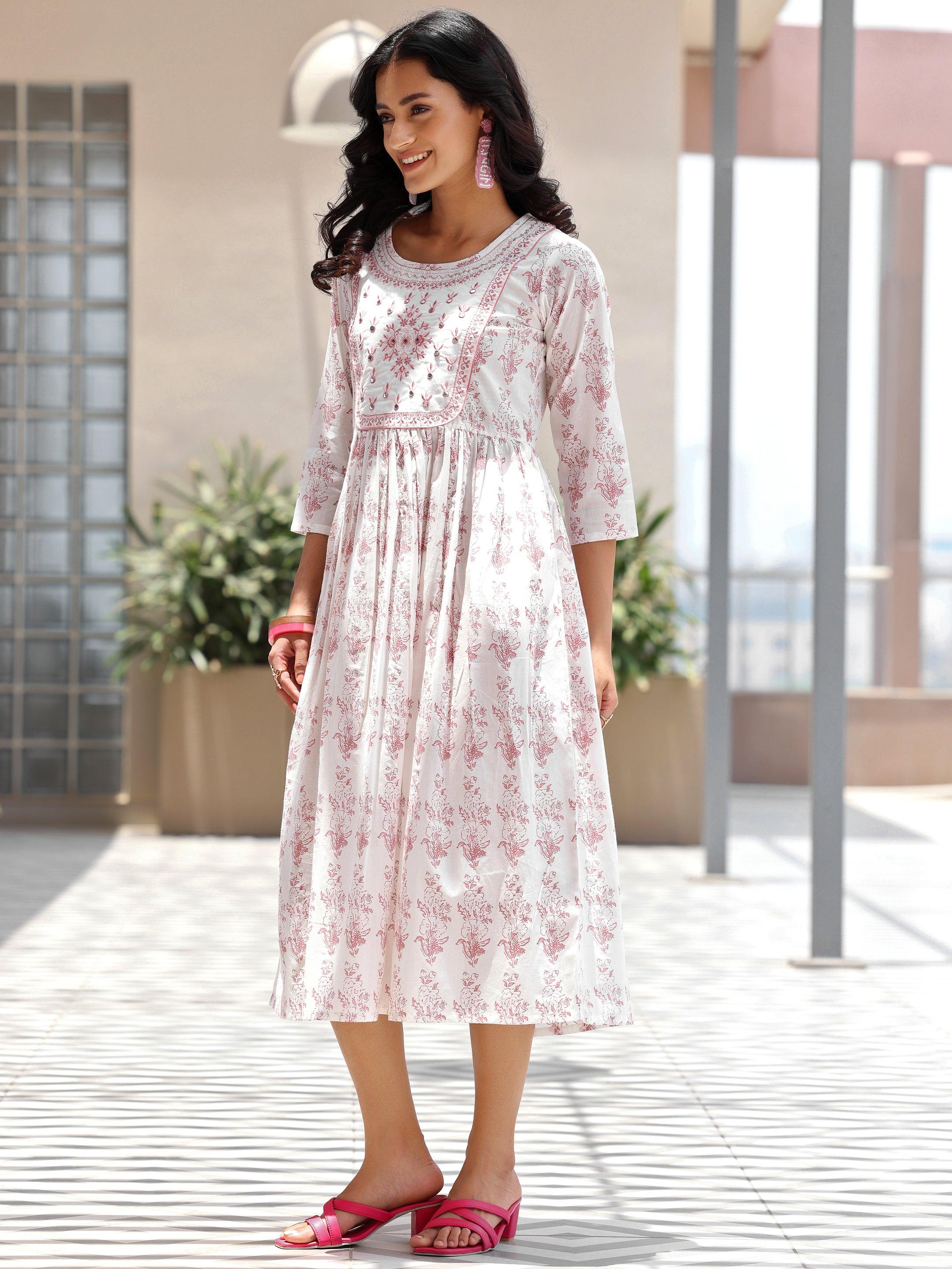 Off White Printed Cotton Fit and Flare Dress