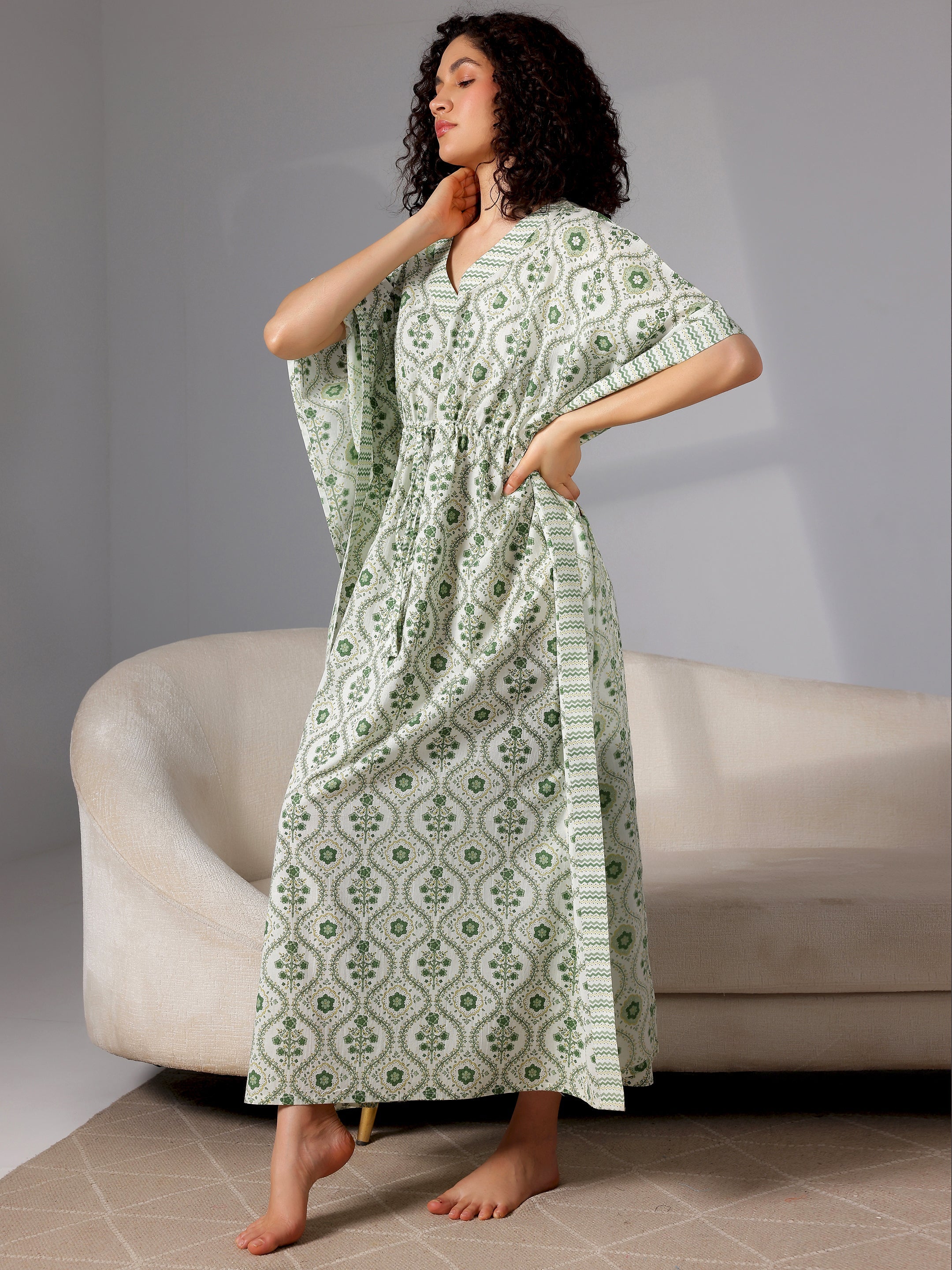 Green Printed Cotton Kaftan Night Dress