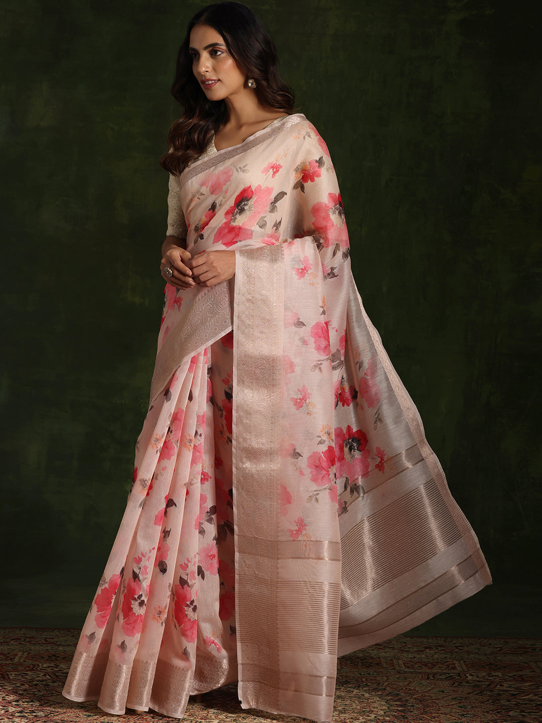 Pink Printed Silk Blend Saree With Unstitched Blouse Piece