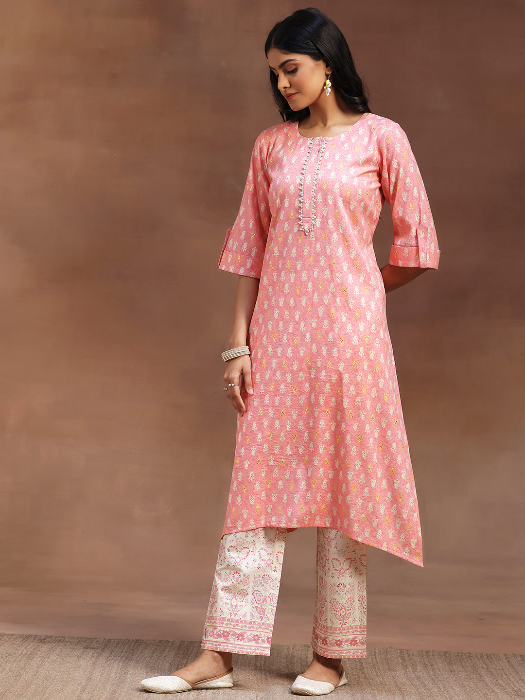 Peach Printed Cotton Blend Straight Kurta With Palazzos