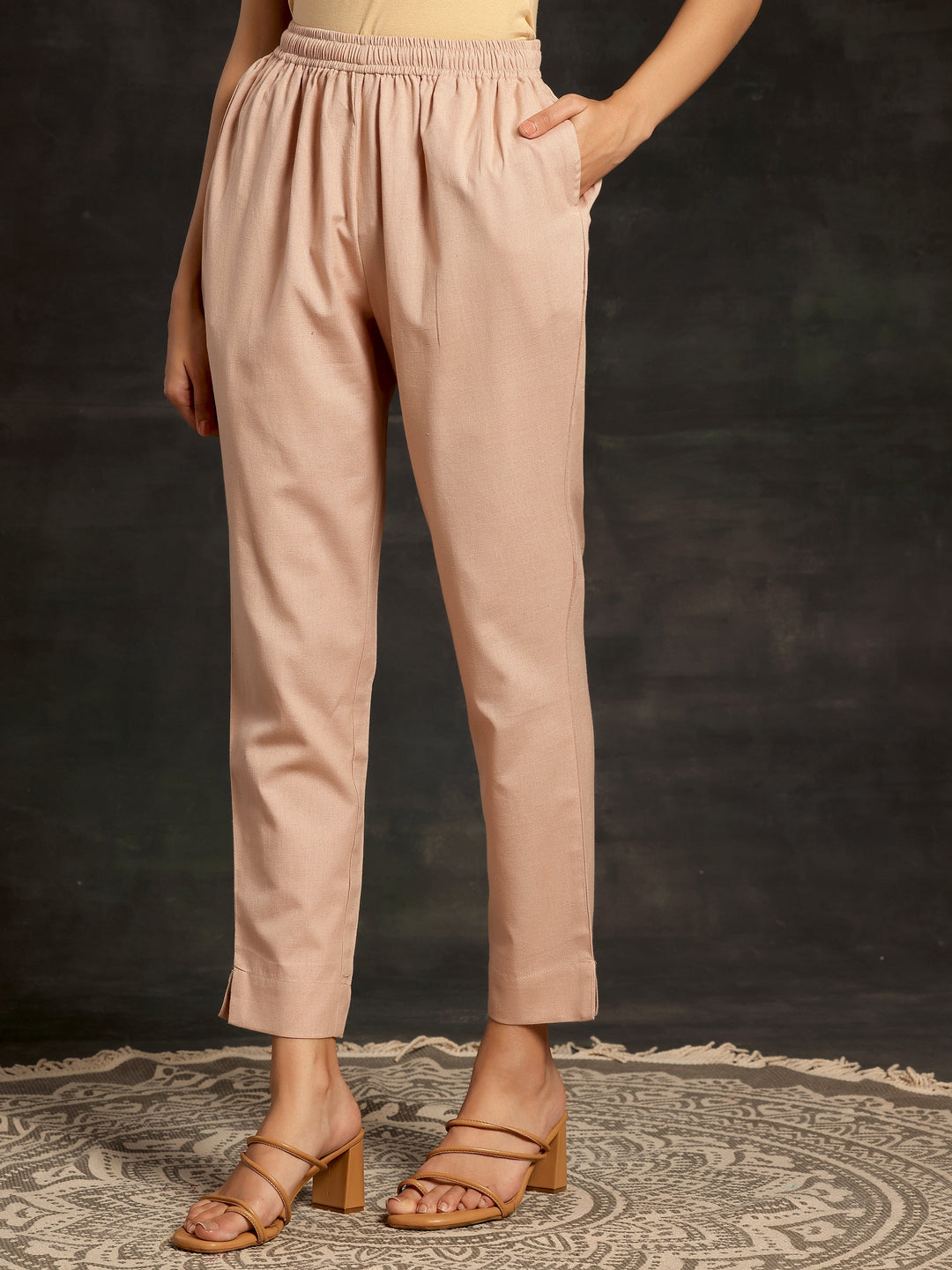 Peach Solid Cotton Straight Fit Trousers