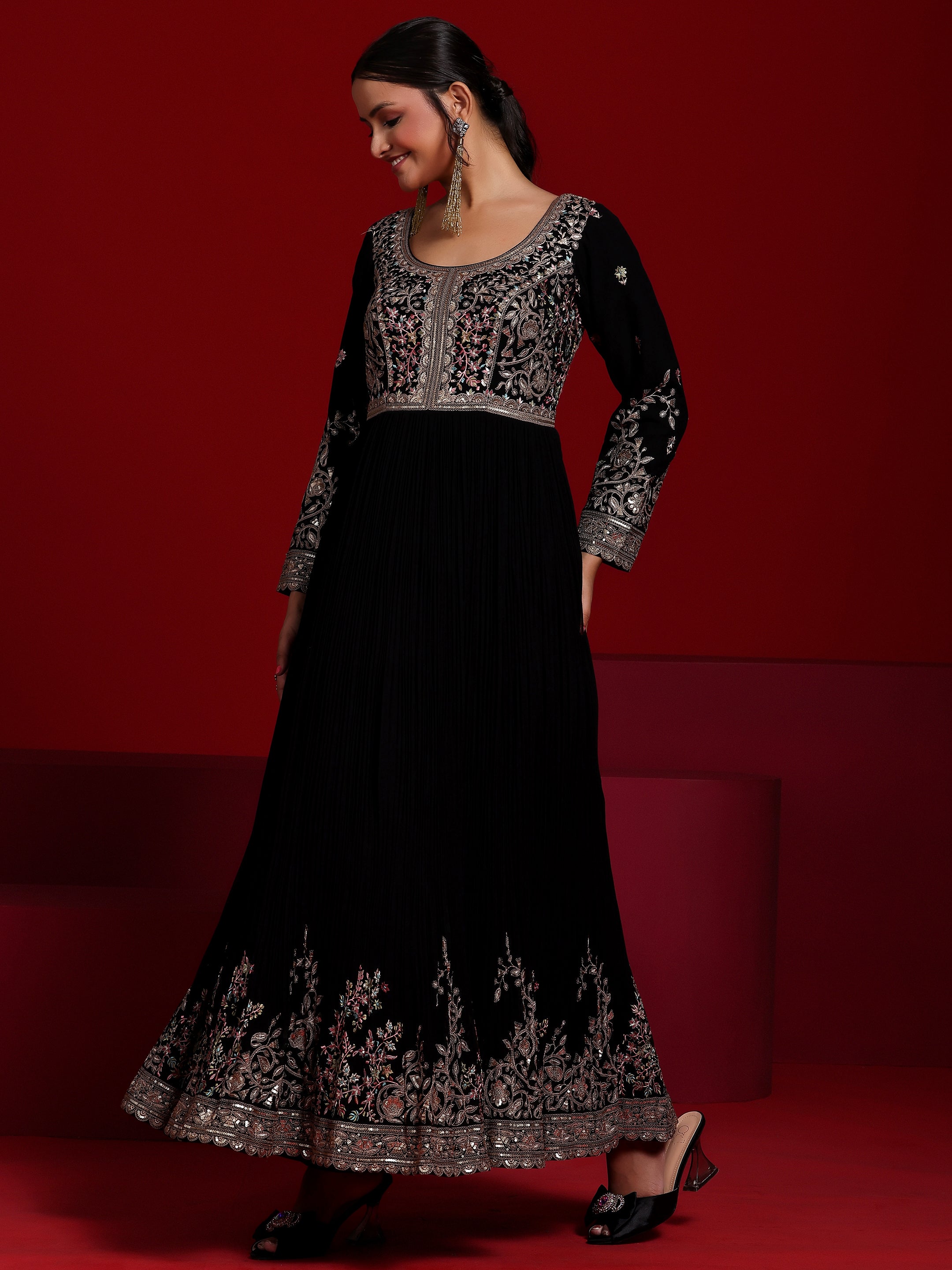 Libas Art Black Embroidered Georgette A-Line Kurta With Trousers & Dupatta