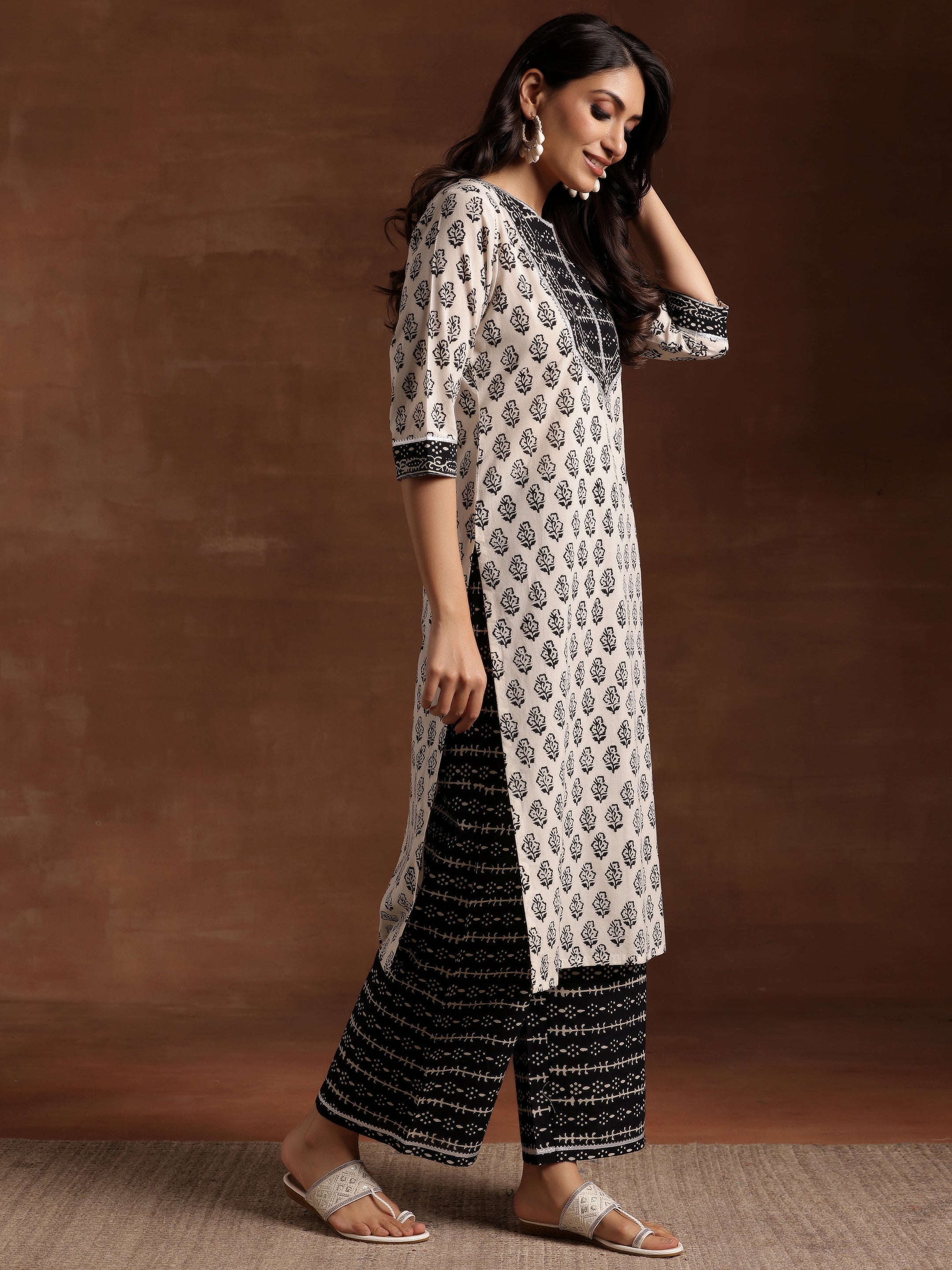 Monochrome Printed Cotton Straight Suit With Dupatta