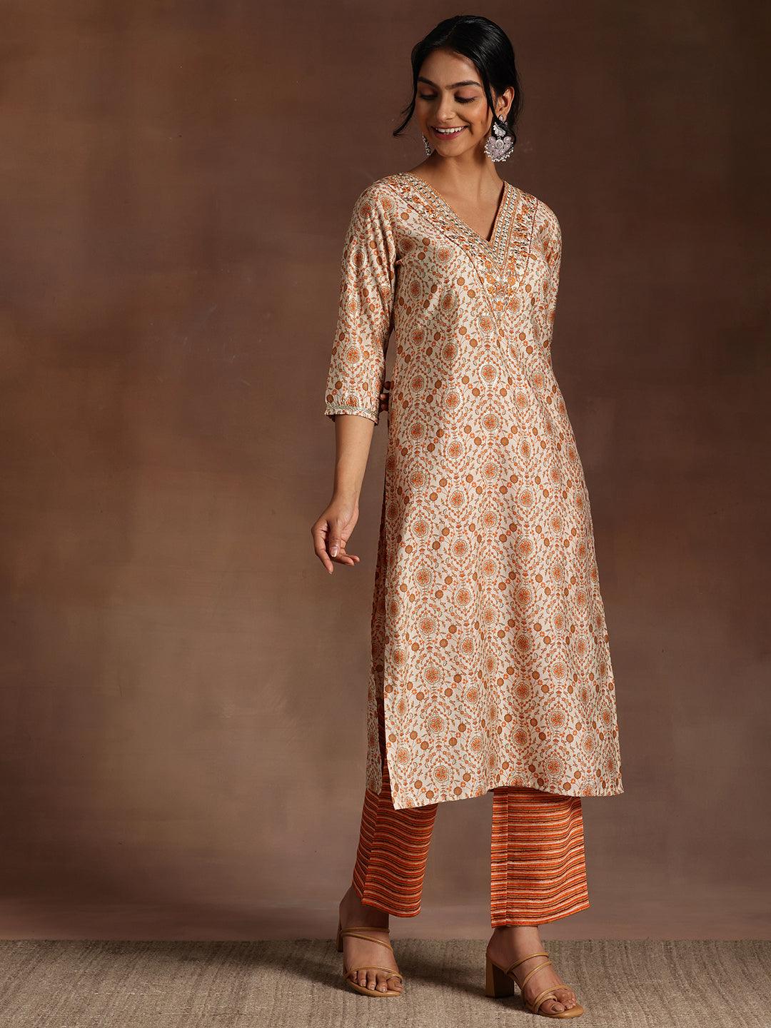 Orange Printed Silk Blend Straight Suit With Dupatta