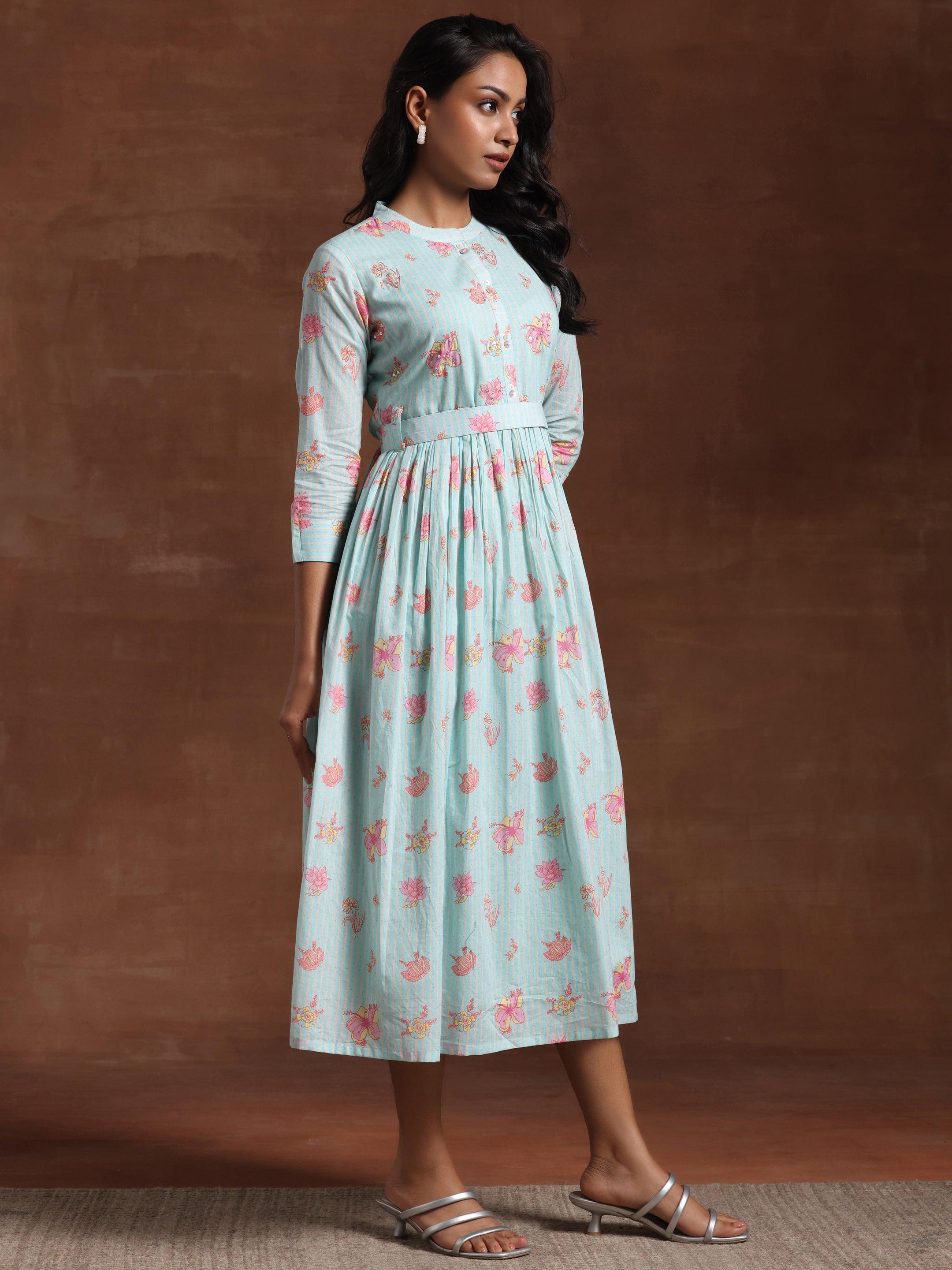 Sea Green Printed Cotton Fit and Flare Dress