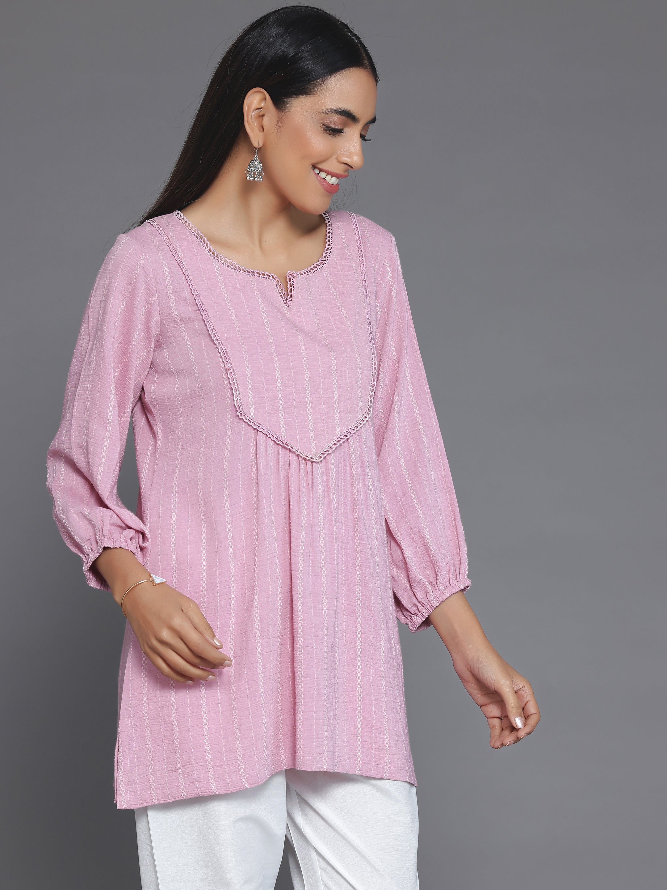 Pink Woven Design Cotton Blend A-Line Kurti