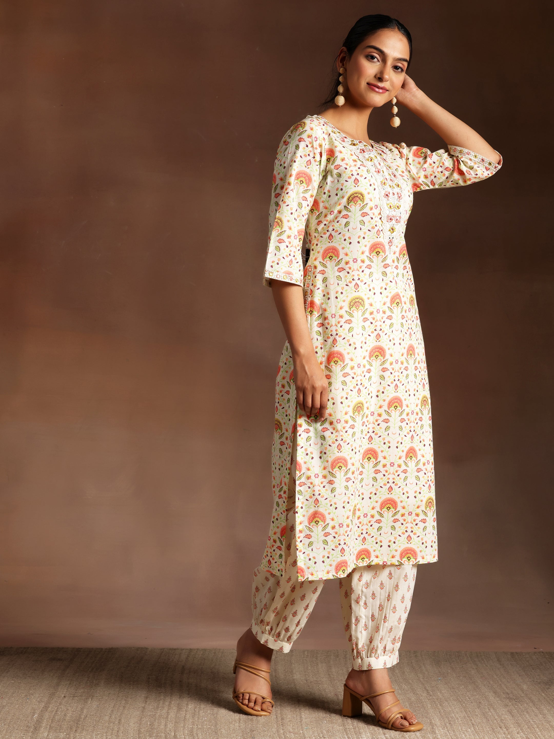 Off White Printed Cotton Straight Kurta Set