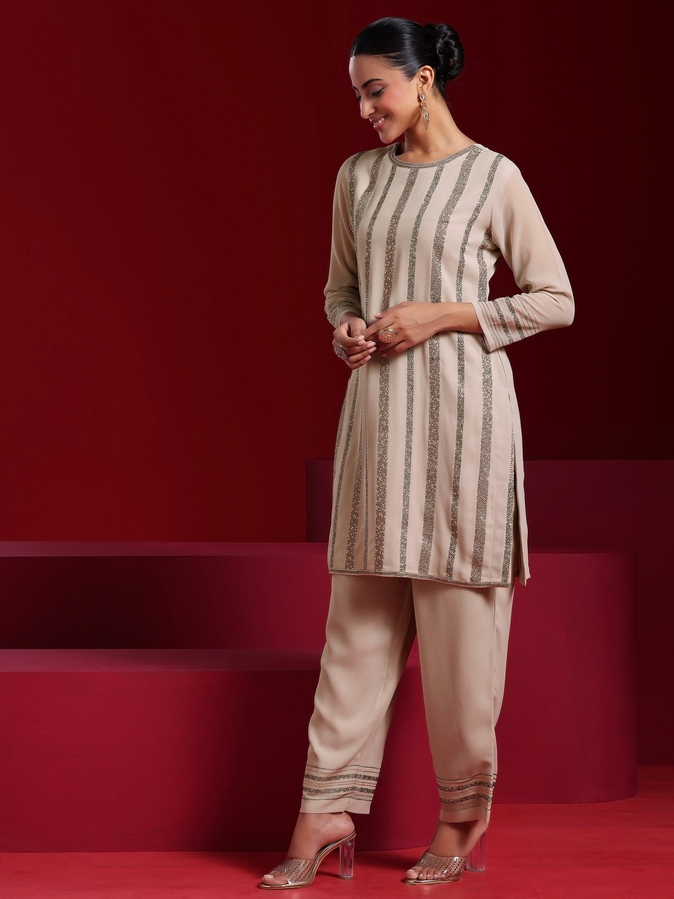 Libas Art Taupe Striped Georgette Straight Suit With Dupatta