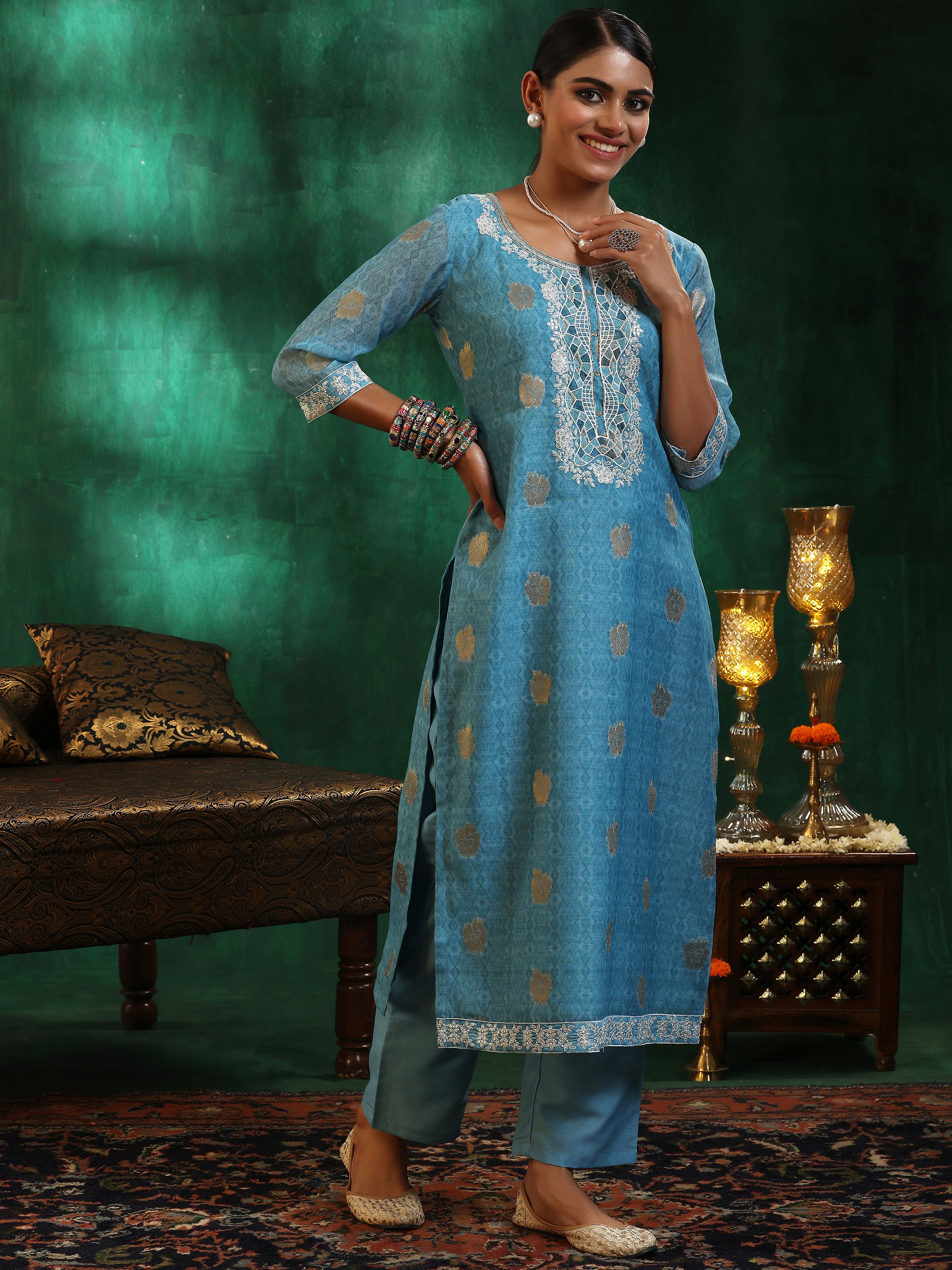 Turquoise Blue Printed Silk Blend Straight Suit With Dupatta