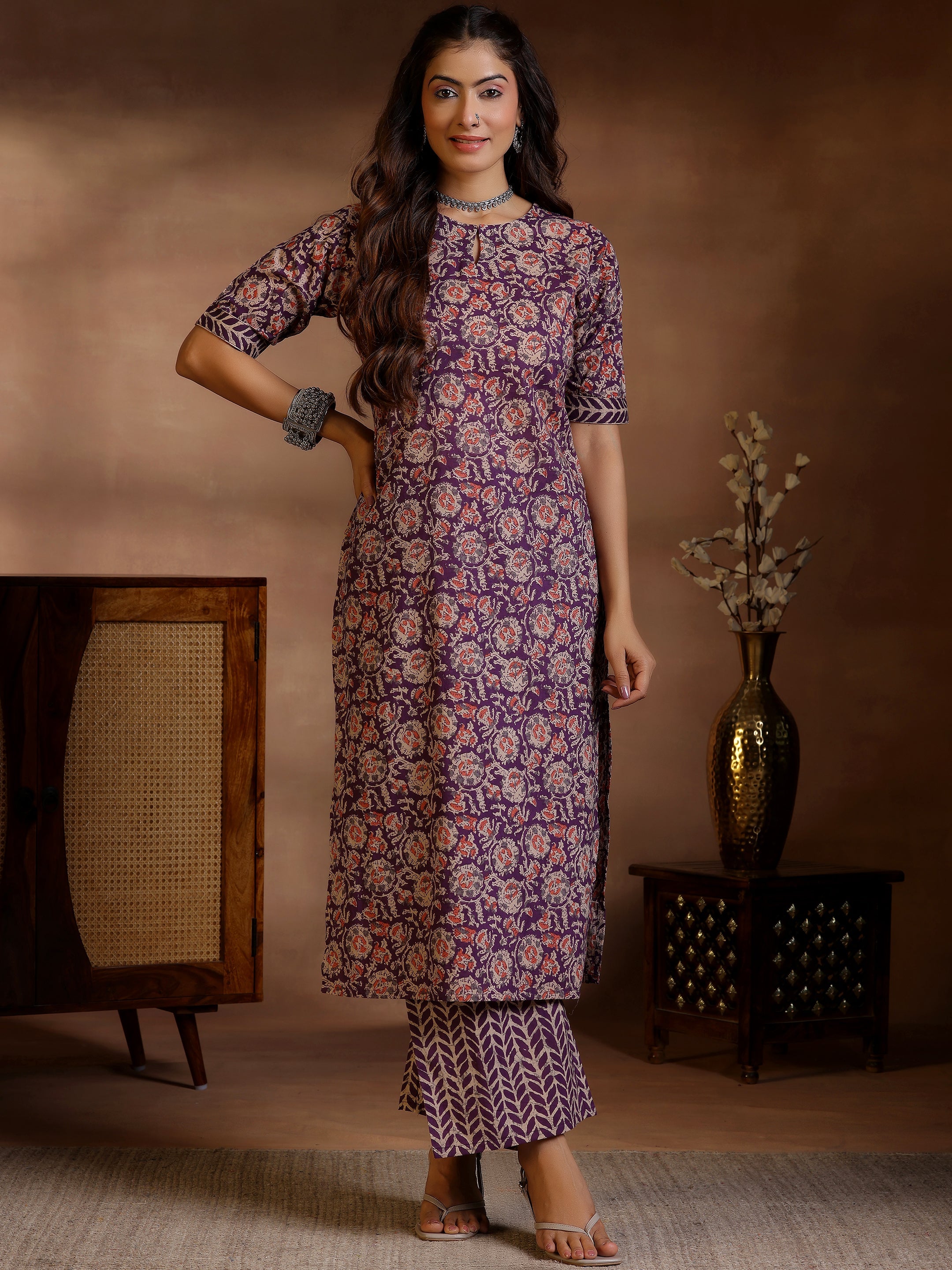 Purple Printed Cotton Straight Kurta Set