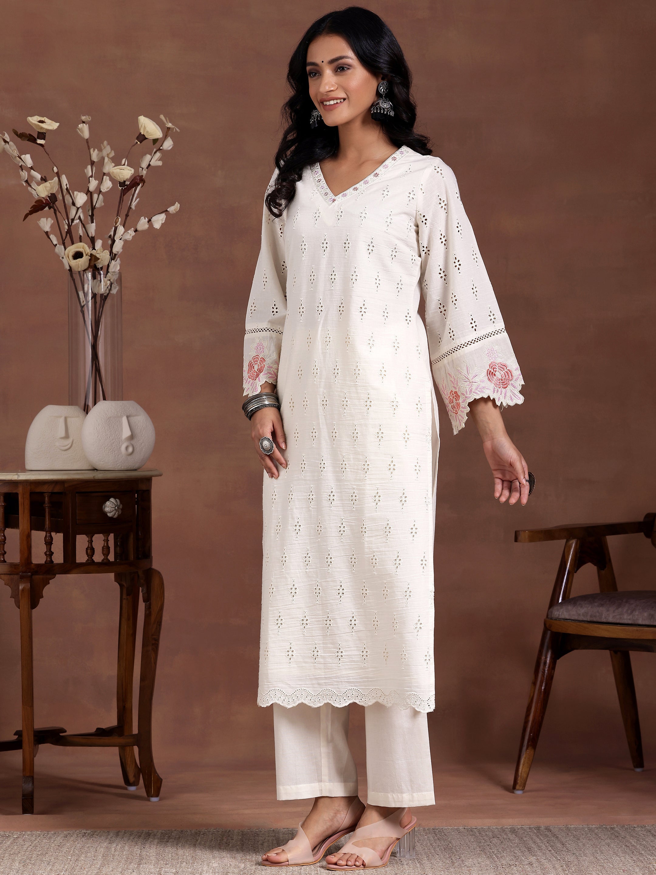 Off white Self Design Cotton Straight Suit With Dupatta