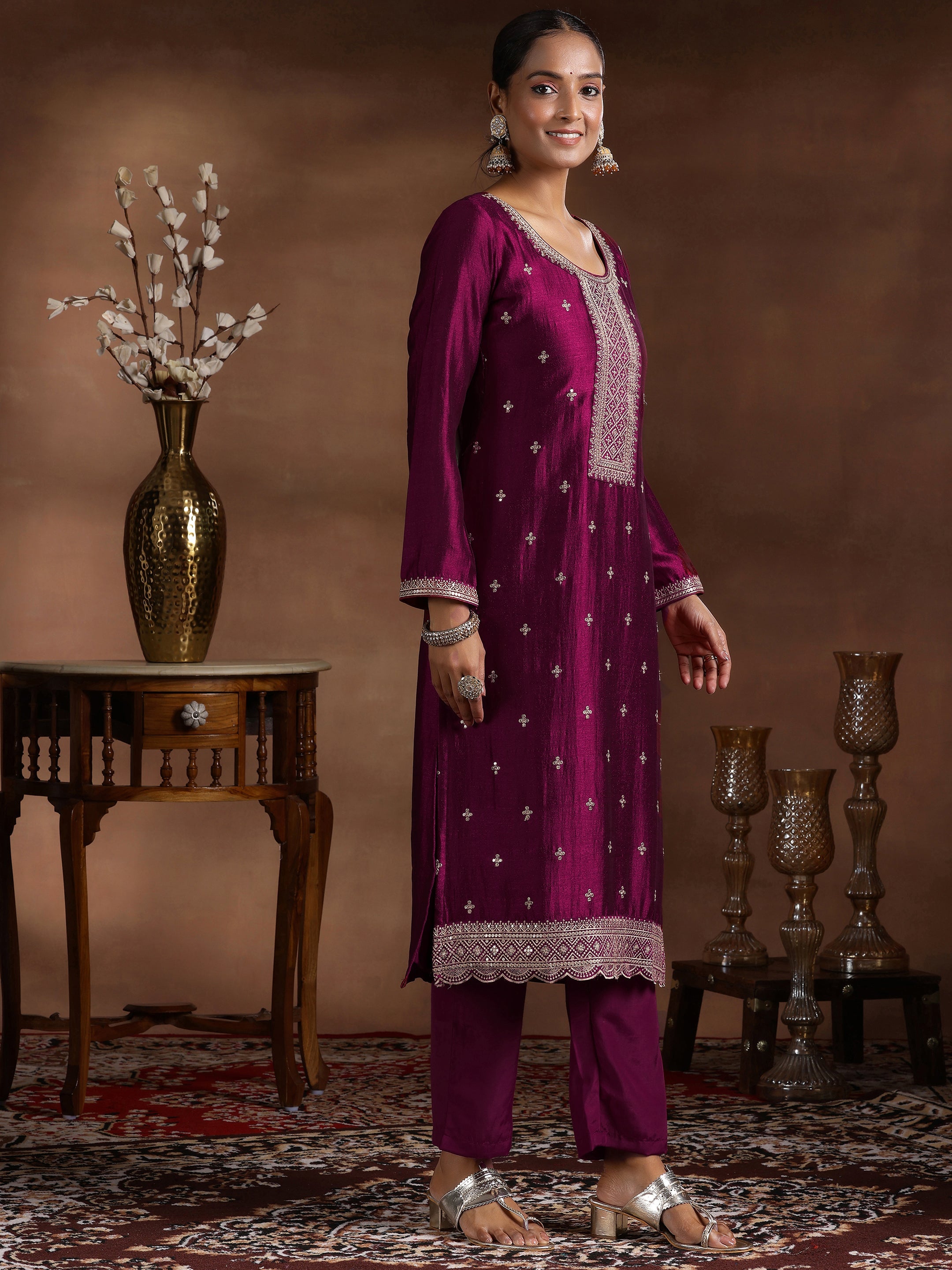 Wine Embroidered Silk Blend Straight Suit With Dupatta