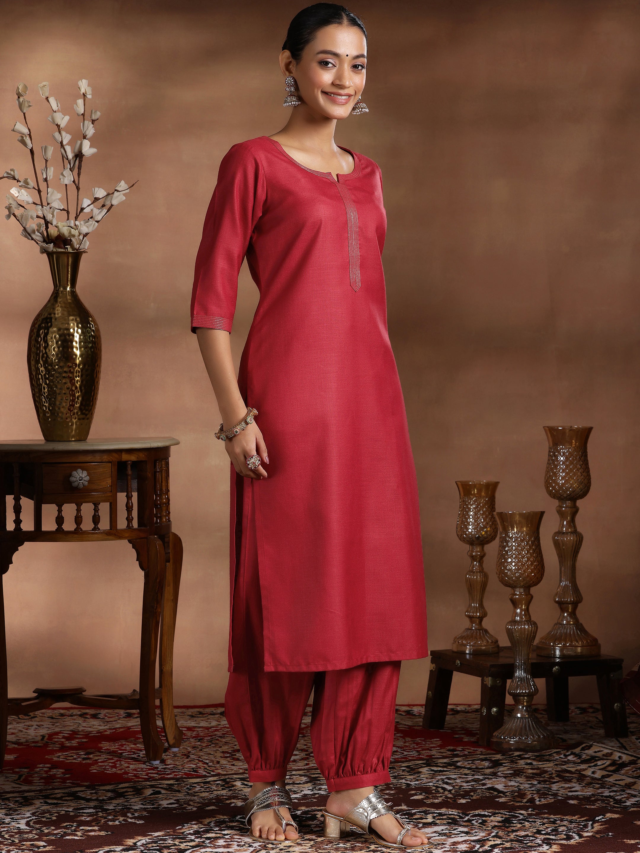 Maroon Solid Silk Blend Straight Suit With Dupatta