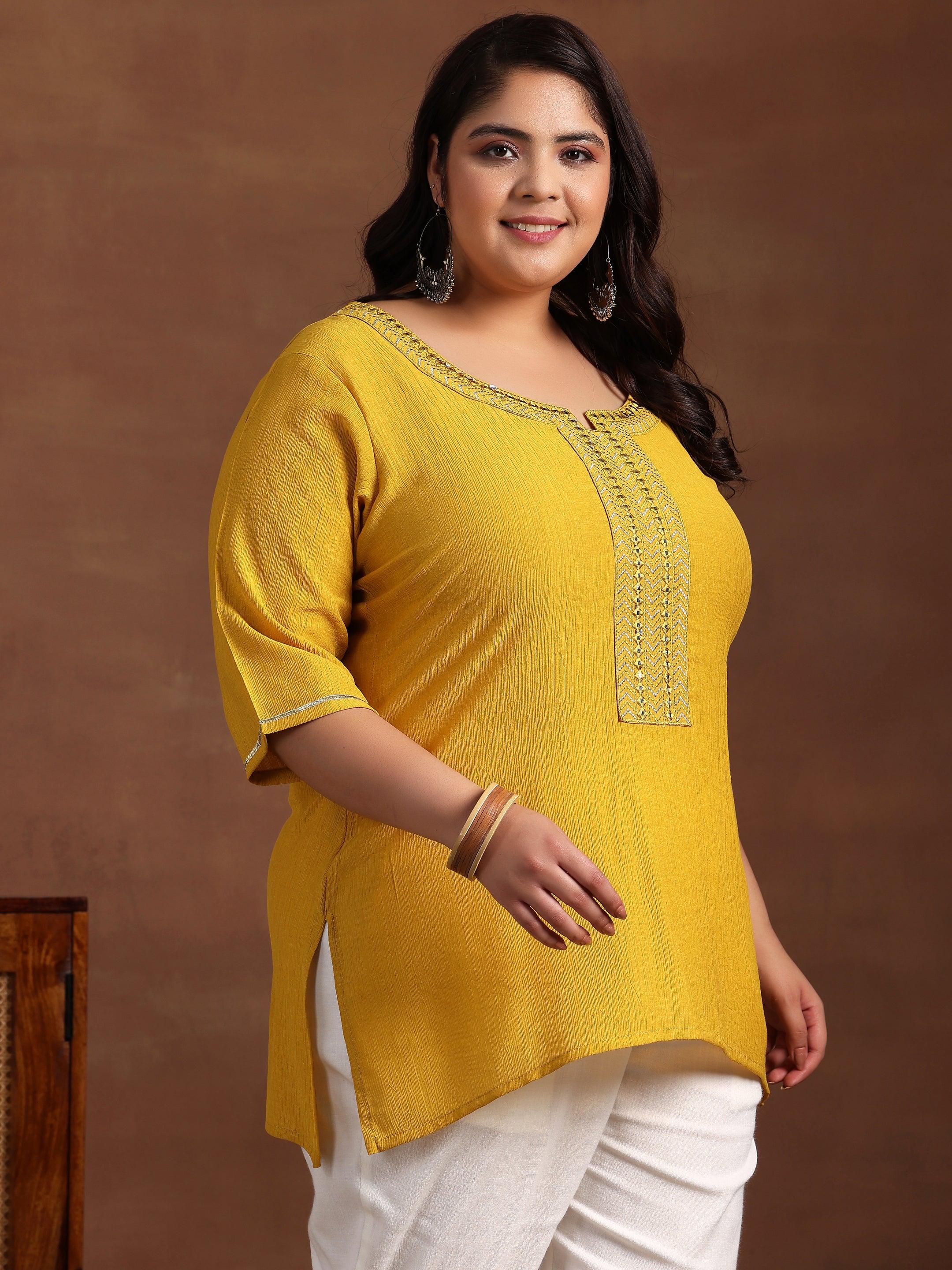 Plus Size Mustard Woven Design Cotton Blend Straight Kurti