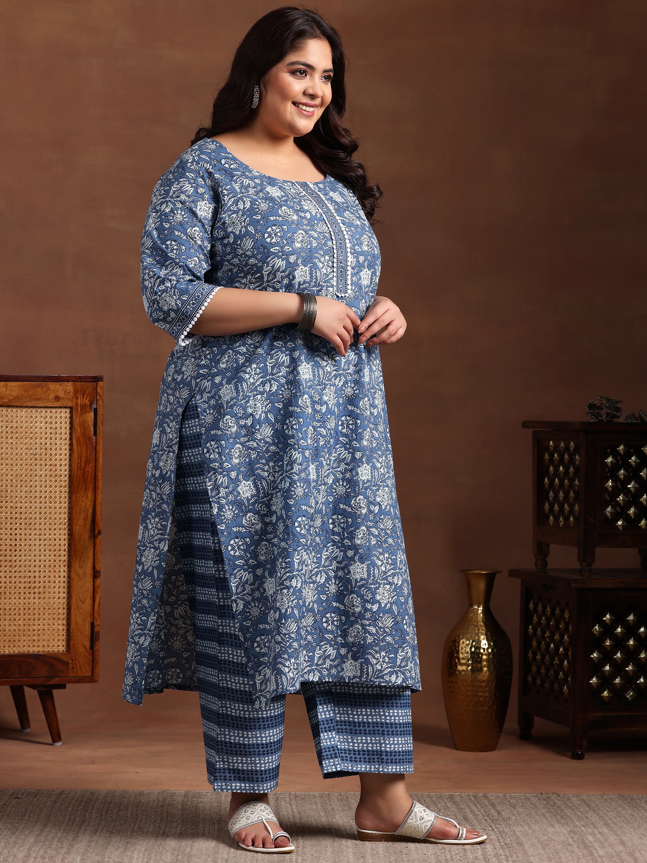 Plus Size Blue Printed Cotton Straight Suit With Dupatta